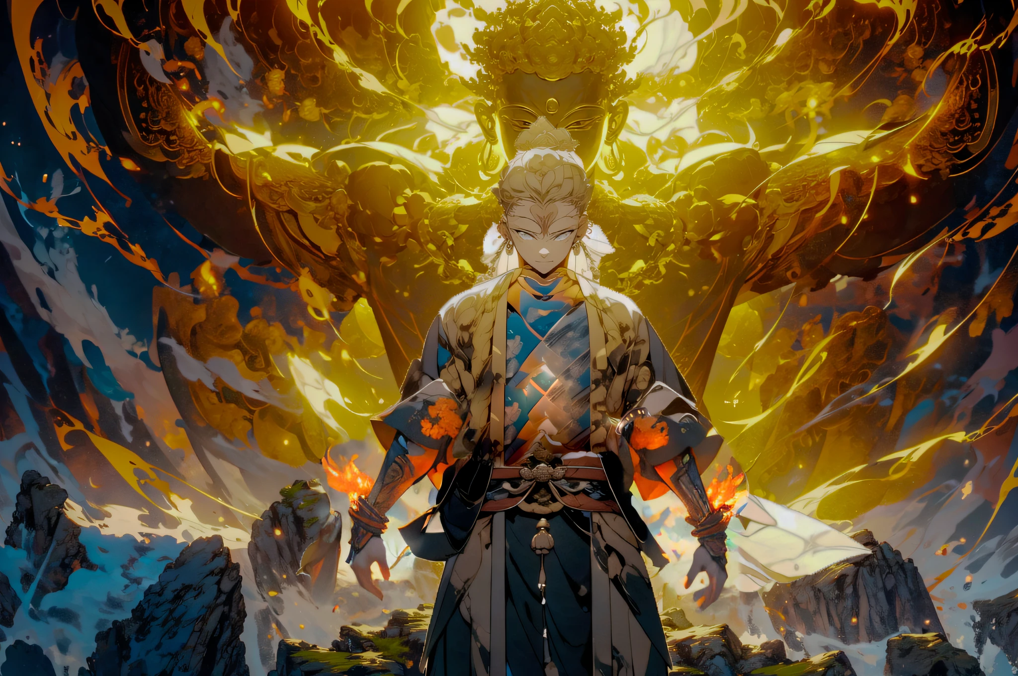 With fists on both hands, surrounded by flames
