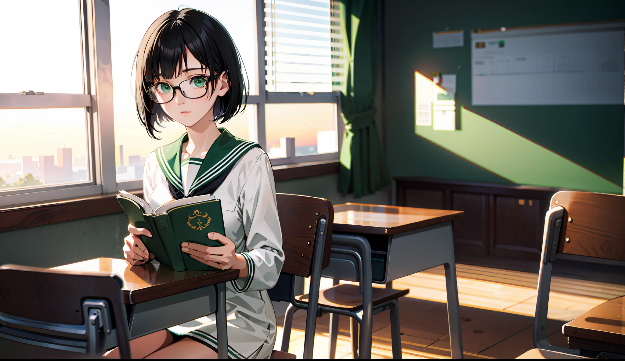 Anime Reference 86, school, atmosphere, alone, woman, girl, green eyes, (beautiful black hair), short bob hair, glasses, general uniform, white sailor suit, realistic face details, realism, 3D face, pretty face, (empty school classroom), sunset light, (calm expression)), full body, indoor shoes, best quality, room with sunset sunlight, small person, reading a book with a wistful expression