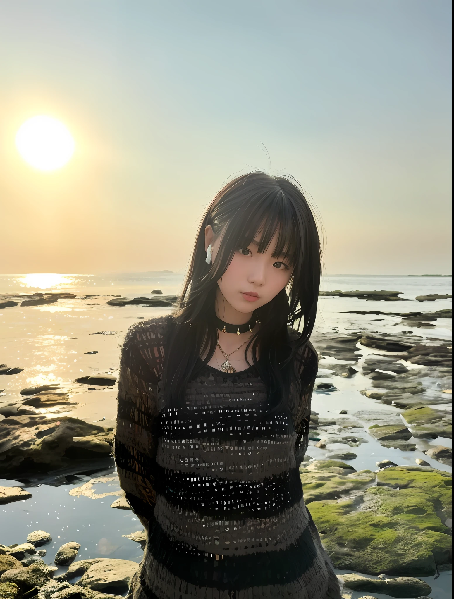 arafed woman standing on a rocky beach with the sun setting, with sunset, kotegawa yui, ulzzang, chiho, sun yunjoo, sui ishida with black hair, xintong chen, jia, sha xi, sunset light, e - girl, e-girl, taken with canon eos 5 d, sunrise light, official artwork