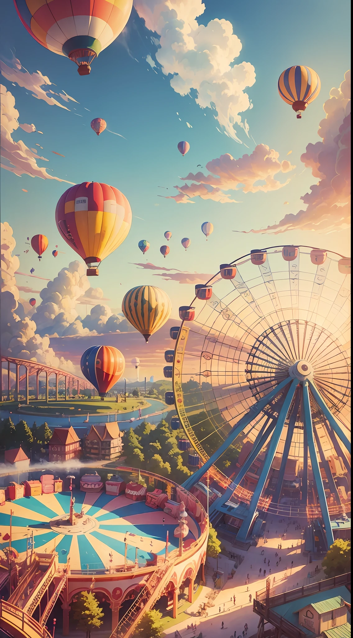 Amusement park, Ferris wheel, hot air balloon, aerial photography. Anime landscape concept art, colorful anime movie background, anime background art --auto --s2