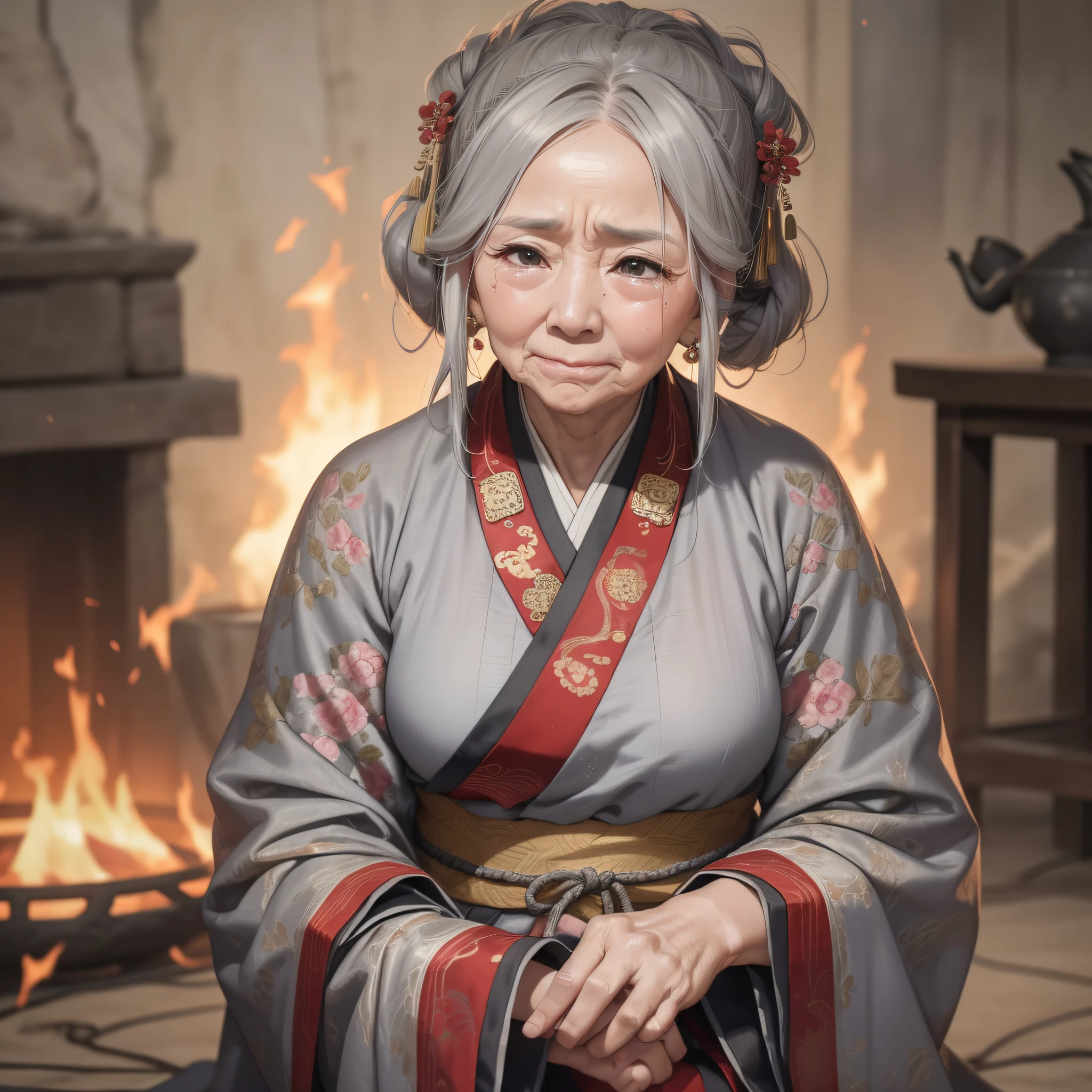 Absurd resolution, high resolution, (masterpiece: 1.4), hyper-detail, ancient China, multiple gray-haired, wrinkled old grandmothers crying around the fire (1.3) (background is a fire as tall as a person 1.5), crying (1.2), wearing shabby Chinese Hanfu 1.3 (upper body display 1.5)