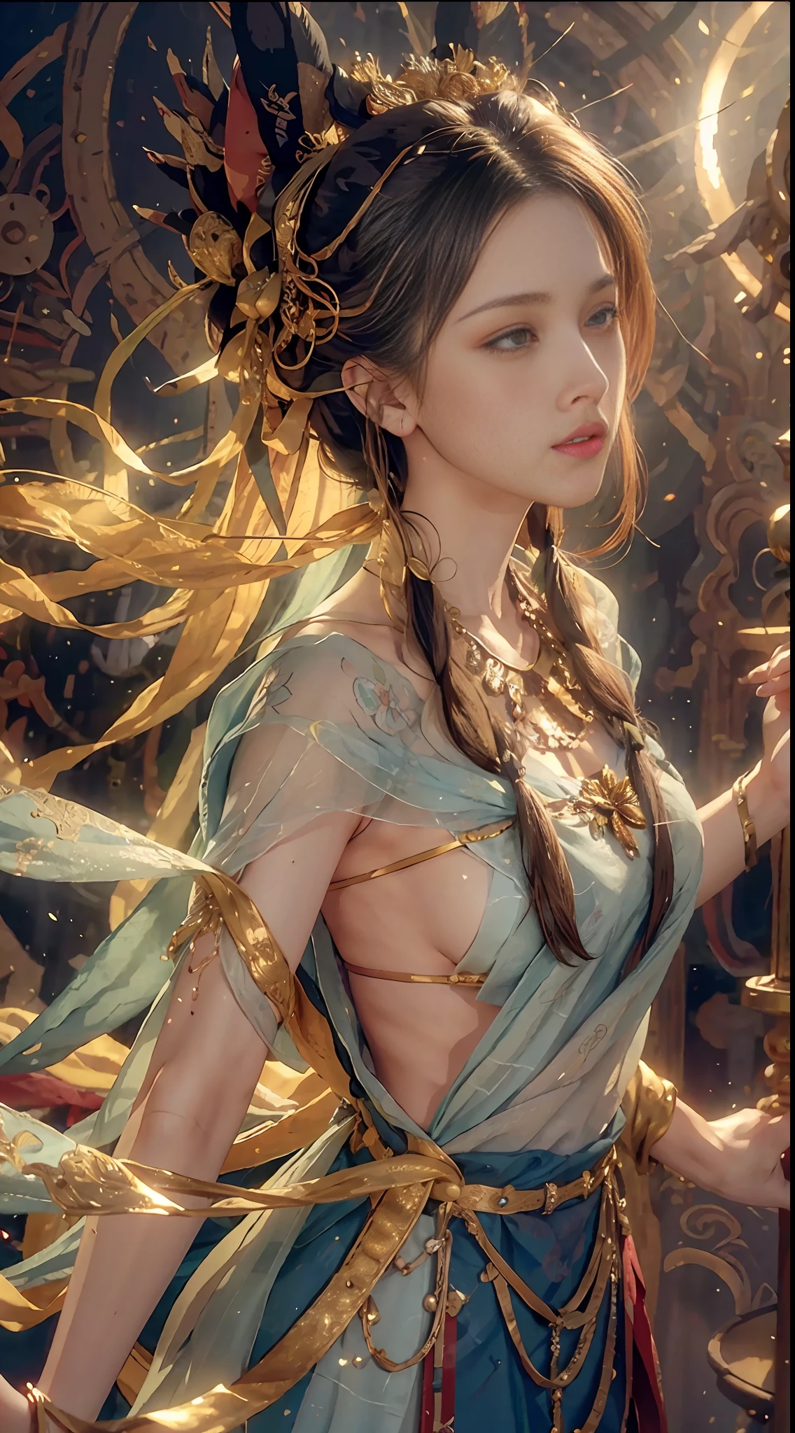 (RAW Photo, Best Quality), (Realistic, Photo Realistic: 1.3), Best Quality, Highly Detailed, Masterpiece, Hyperdetail, Illustration, 1 Girl, upper_body, Dynamic Angle, World Masterpiece Theater, messy_long_hair, Best Quality, Extremely Detailed CG Uniform 8k Wallpaper, Ink, Amazing, Cinematic Lighting, lens_flare,, dunhuang_style, Broken, Sexy