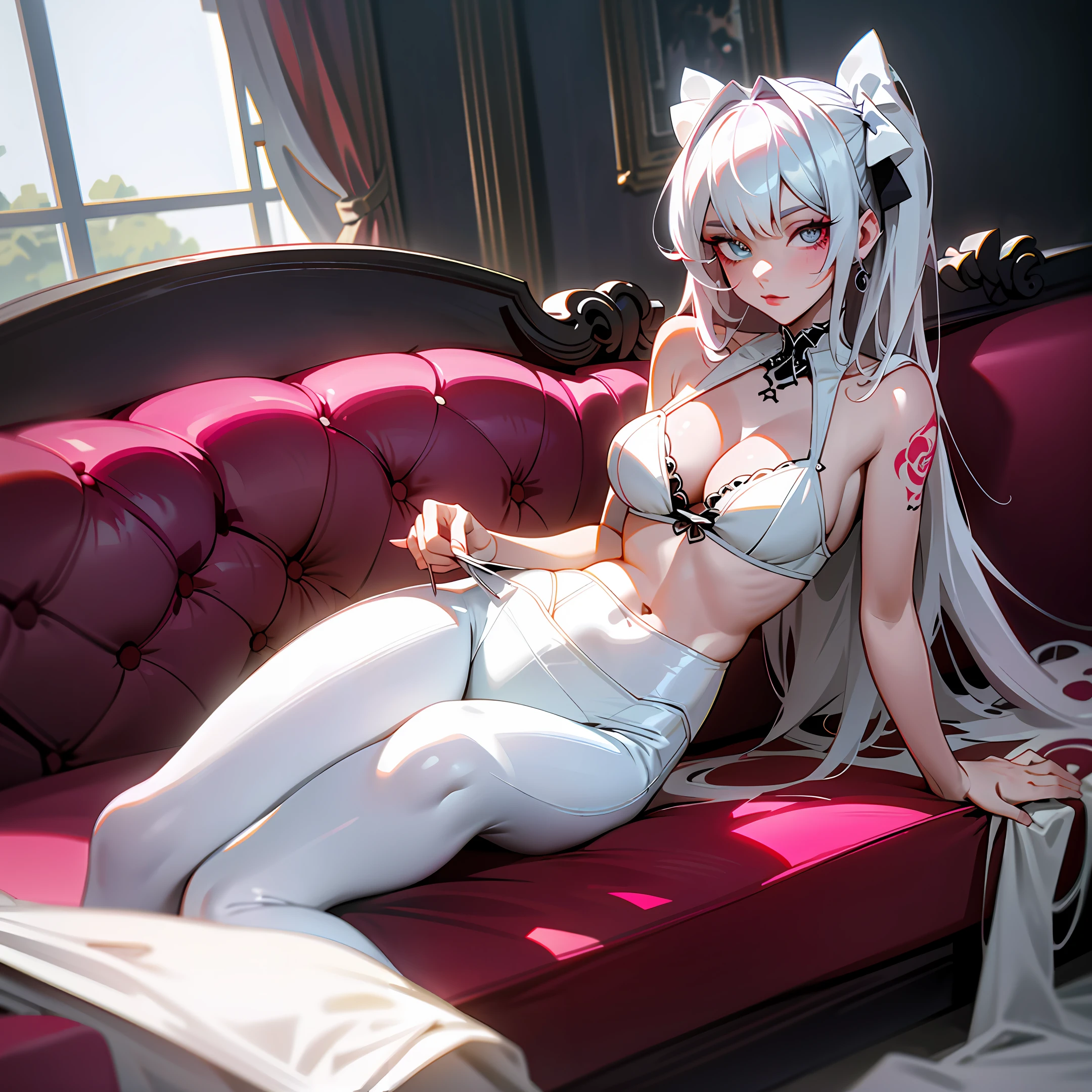 Lolita, lying on sofa, cleavage (1.1), white pantyhose, seductive eyes, tattoo on lower abdomen, quadratic, heterochromatic eyes, seduction