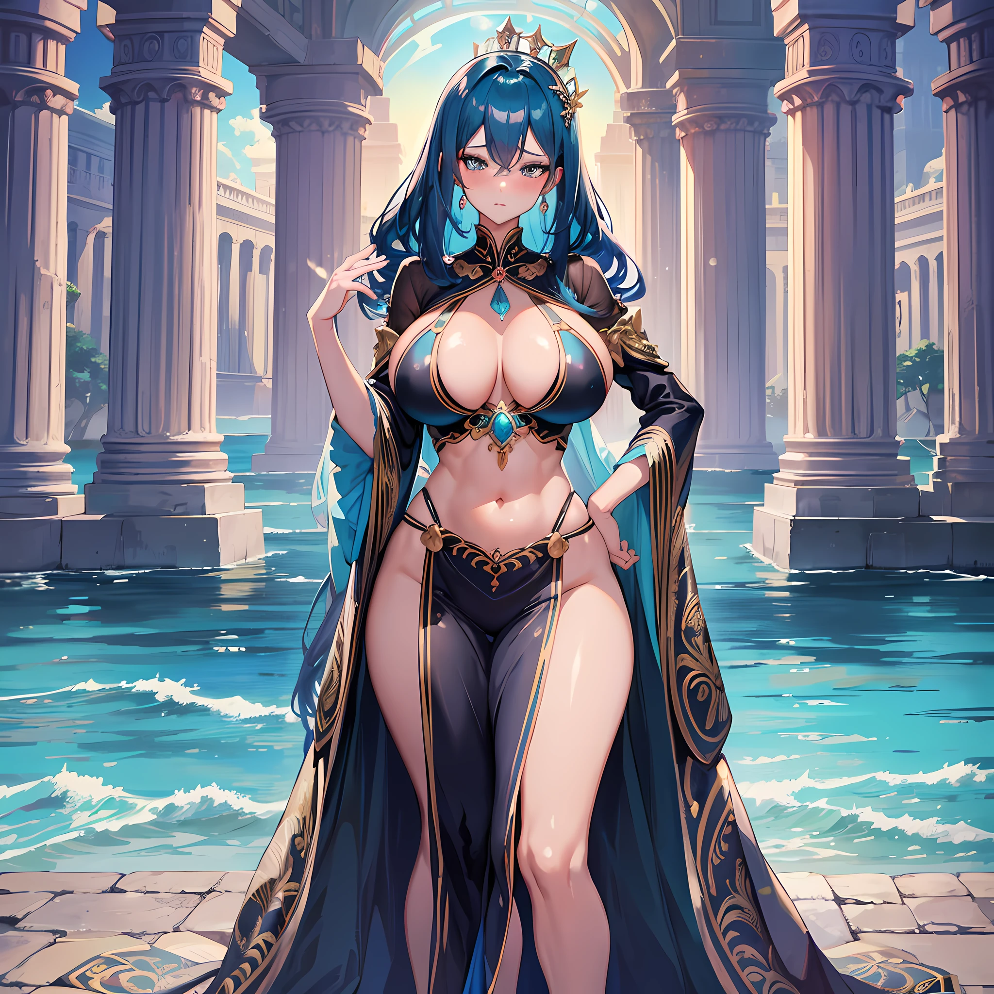 Big-breasted queen, perfect slim body, mature royal sister, blue hair, royal sister face, black face, open-chest outfit, sexy and alluring, beautiful face, full body portrait, 4K picture quality, big, feminine expression, blush shy, large bust, ocean temple, turquoise water