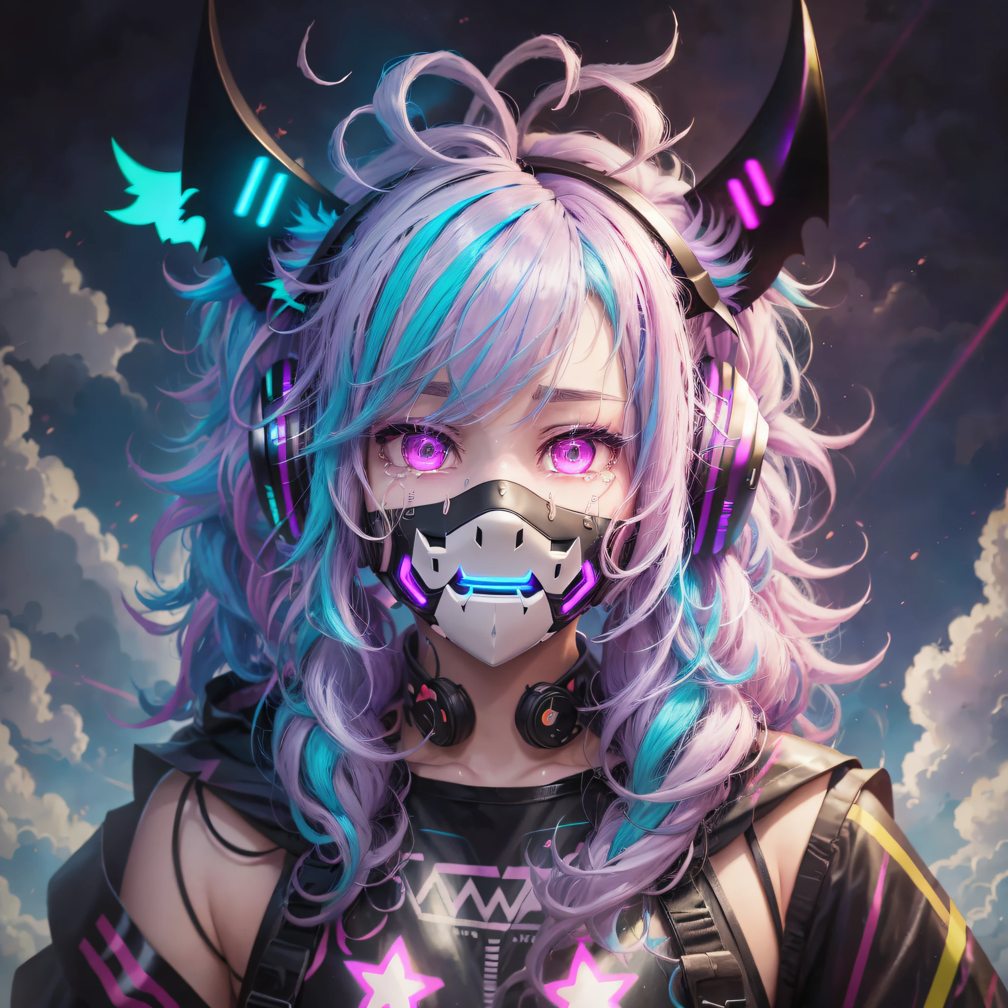 hair one side up, neon hair, cloud hair, ((hair cover ear)), (ear covered by hair), demon horns, scar on cheek, mouth mask, headphones, multiple hair bows, hollow eyes, streaming tears, bat ears, smile, shy, upside-down, ray tracing, reflection light, high detail, anime, 1080P, high details --auto --v 6