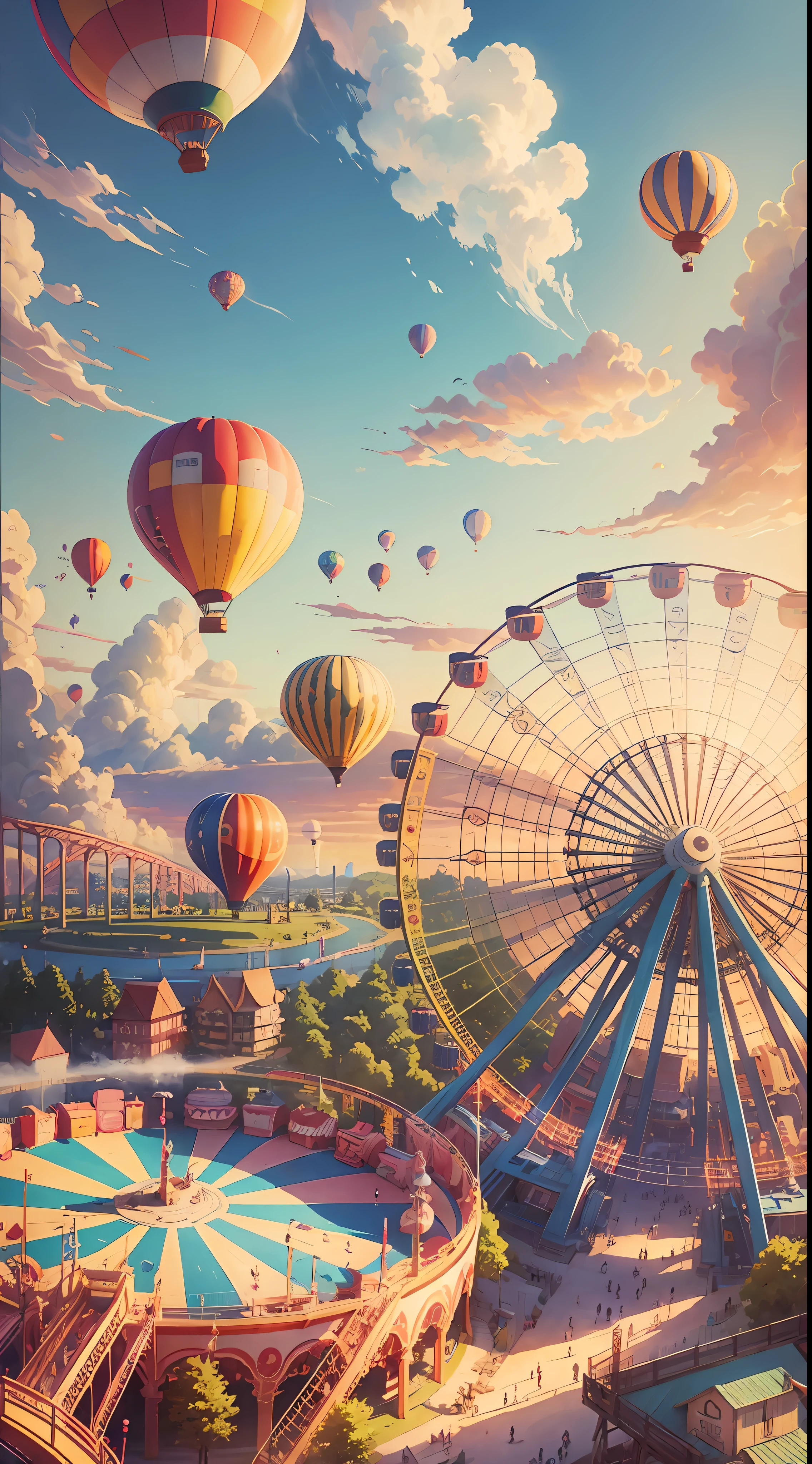 Amusement park, Ferris wheel, hot air balloon, aerial photography. Anime landscape concept art, colorful anime movie background, anime background art --auto --s2