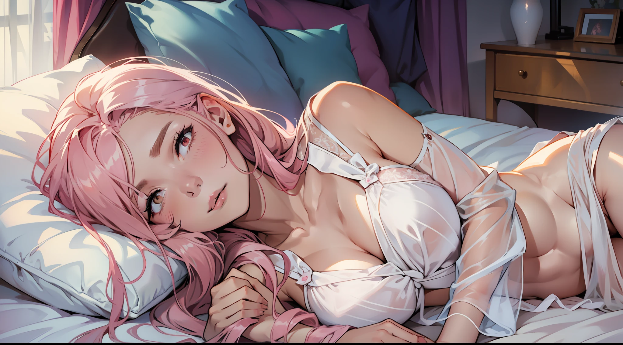 A girl, long pink hair, white slip dress, milky skin, sexy, bedroom, dim light, lying on the bed, holding a pillow, pillow blocking in front of her