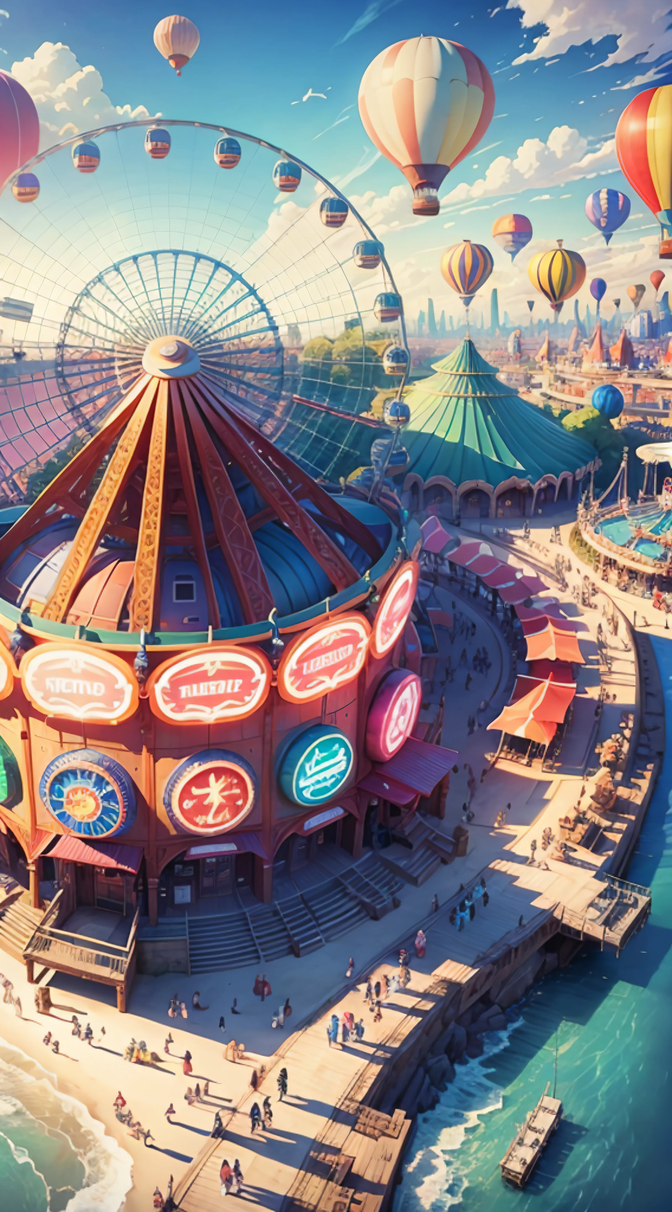 Amusement park, Ferris wheel, hot air balloon, aerial photography. Anime landscape concept art, colorful anime movie background, anime background art --auto --s2