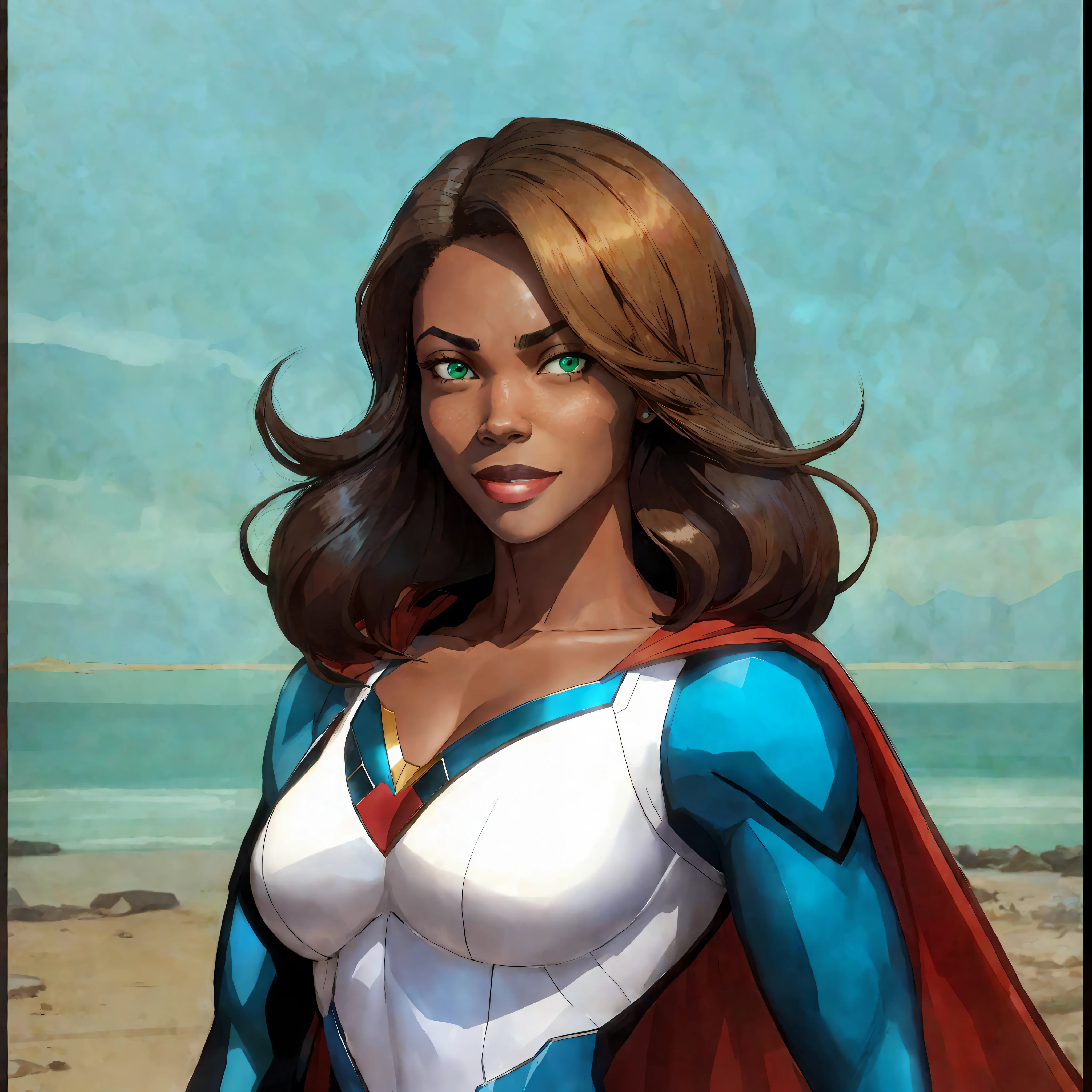 black super heroine in blue and white costume with red cape, black woman smiling, confident, straight hair, green eyes, powerful, super strong, strong woman