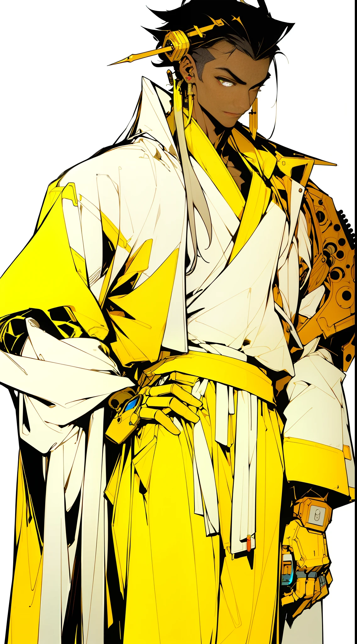 (Masterpiece, Top Quality, Best Quality), ((Cyberpunk Style, Robotic Arm, Hololo, Surreal Science Fiction Art, Future Science Fiction Aesthetics)), (1 Boy Solo), Close Up, (Determined Eyes), (Ancient Chinese Clothes, White Robe, Embroidered Collar Uesugi, White Big Sleeve Shirt, Streamers), (Hairpin, Long Black Hair, Weapons), (Hanfu), (Clear Facial Features, Detailed Skin Texture, Handsome Face), White Background, Earrings, Yellow Skin, Standing, (((flat color))),