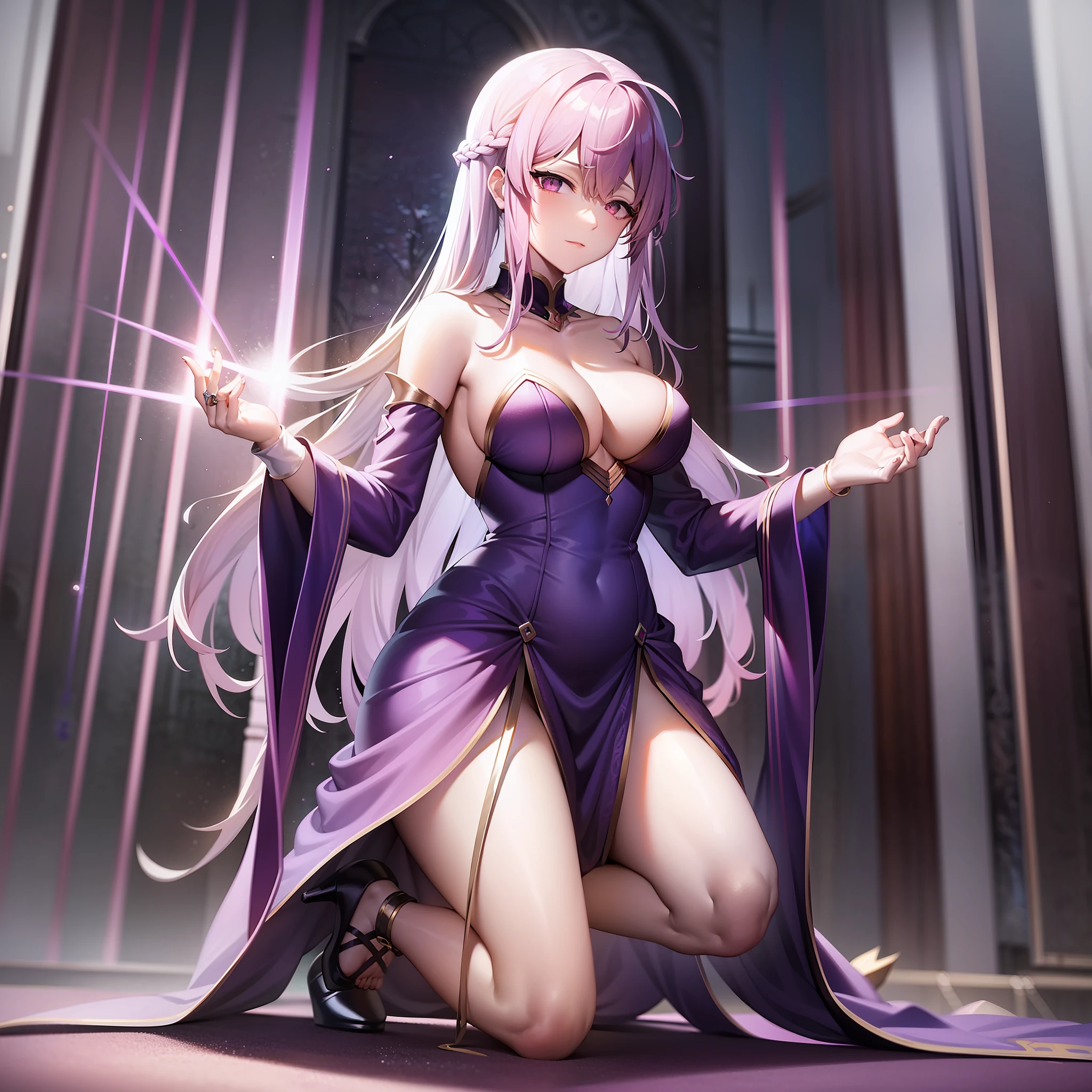 Fate/Grand Order, Fate/stay night, Saber, Fate/Zero, white hair, long hair, gorgeous palace in the background, sparkling jewels around, wearing noble dresses, light purple dress, high heels on feet, white high heels, single screen, COS, kneeling, kneeling, magic, glowing magic array on the ground, behind the king's throne, red runes in the air, purple magic spells around the body, There are red spells on the hands and tattoos on the hands