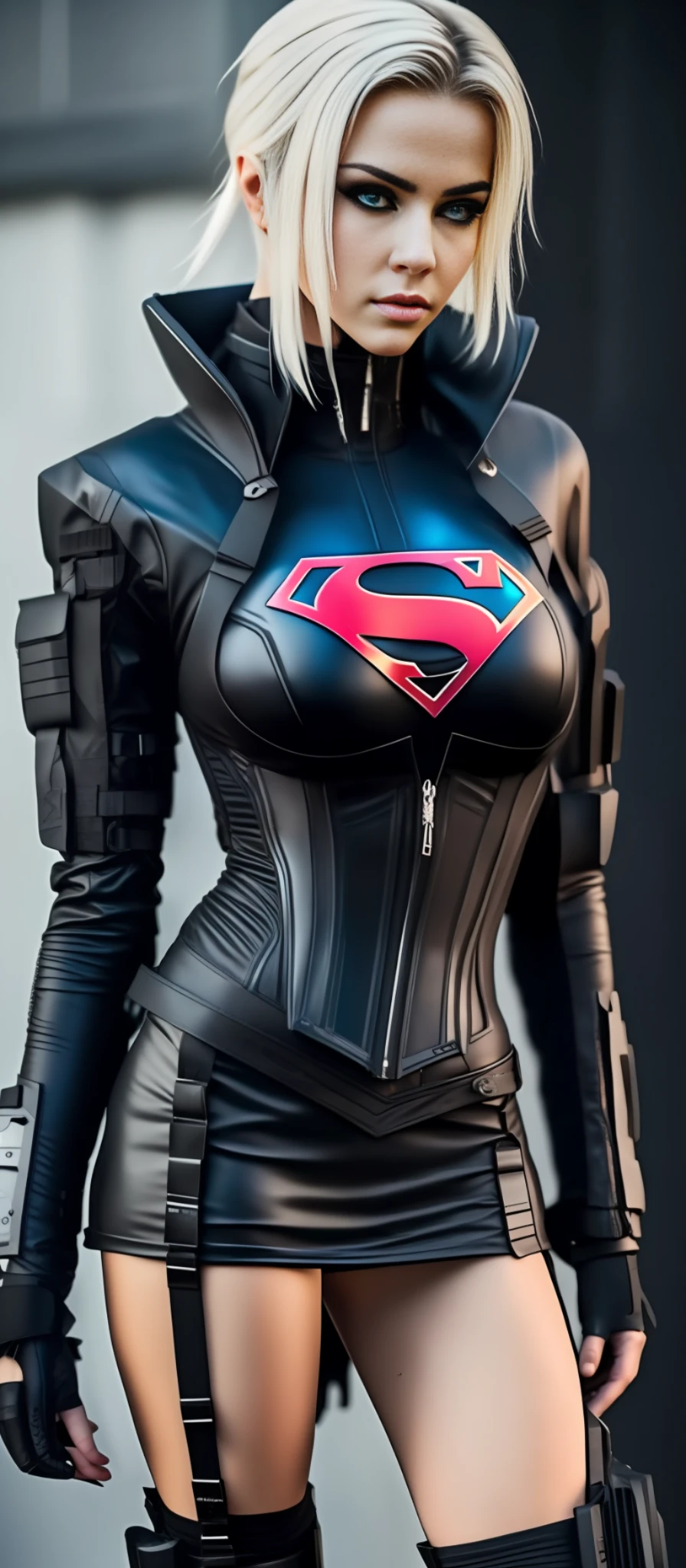 sfw (Ultra Quality, Unparalleled Masterpiece, Ethereal: 1.4) (Medium breasts: 1.6) (Tight breasts: 1.3) (bimbo 1.5) (Disproportionate tits: 1.5) There is a supergirl with medium breasts s in a corset and a black and white outfit, wearing techwear and armor, cyberpunk outfit, wearing American techwear, intriguing outfit, all black cyberpunk clothes, cyberpunk style outfit, pretty girl, female cyberpunk, cyberpunk streetwear, cyberpunk dress, photograph of a techwear woman, beautiful girl, cyberpunk, wearing cyberpunk streetwear, maid outfit, blonde, blue eyes, superman symbol S on chest, blonde --auto --s2