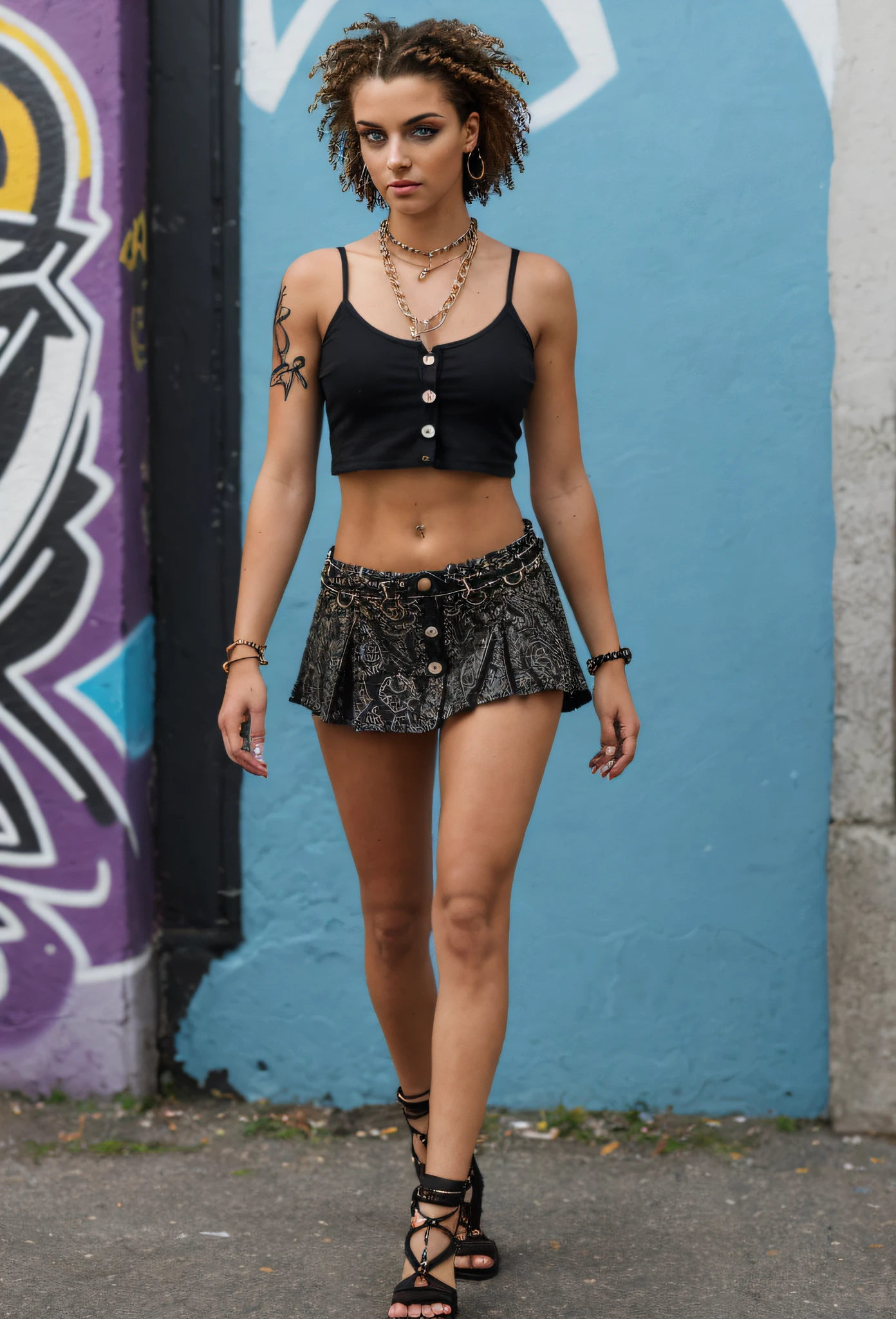 street girl, dressed mini blouse depleted with flower designs::5, dry skirt::4 tapered long::4 below the knee::6, left side with 4 buttons::5, with a small opening underneath 10cm (large chain: 1) (small chain: 1) (medium curved chain1)) chains on the left side, with curly brown hair, mulatto skin, a tribal tattoo on the arm, black eyes, ((full body)), ((perfect face)),((perfect iris eyes)), walking in the city by day, on street with some cars and walls with graffiti art, Social realism, Realism, ray tracing, reflection light, high quality, high details, super detail, 8k, 16k, best quality