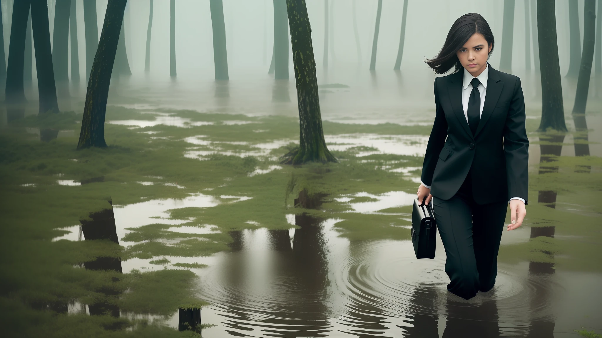 1girl , A tired beautiful woman wearing a black suit and tie, holding a briefcase, (in the far right of the frame:1.3), walking alone in a flooded mossy swamp, waist-deep water