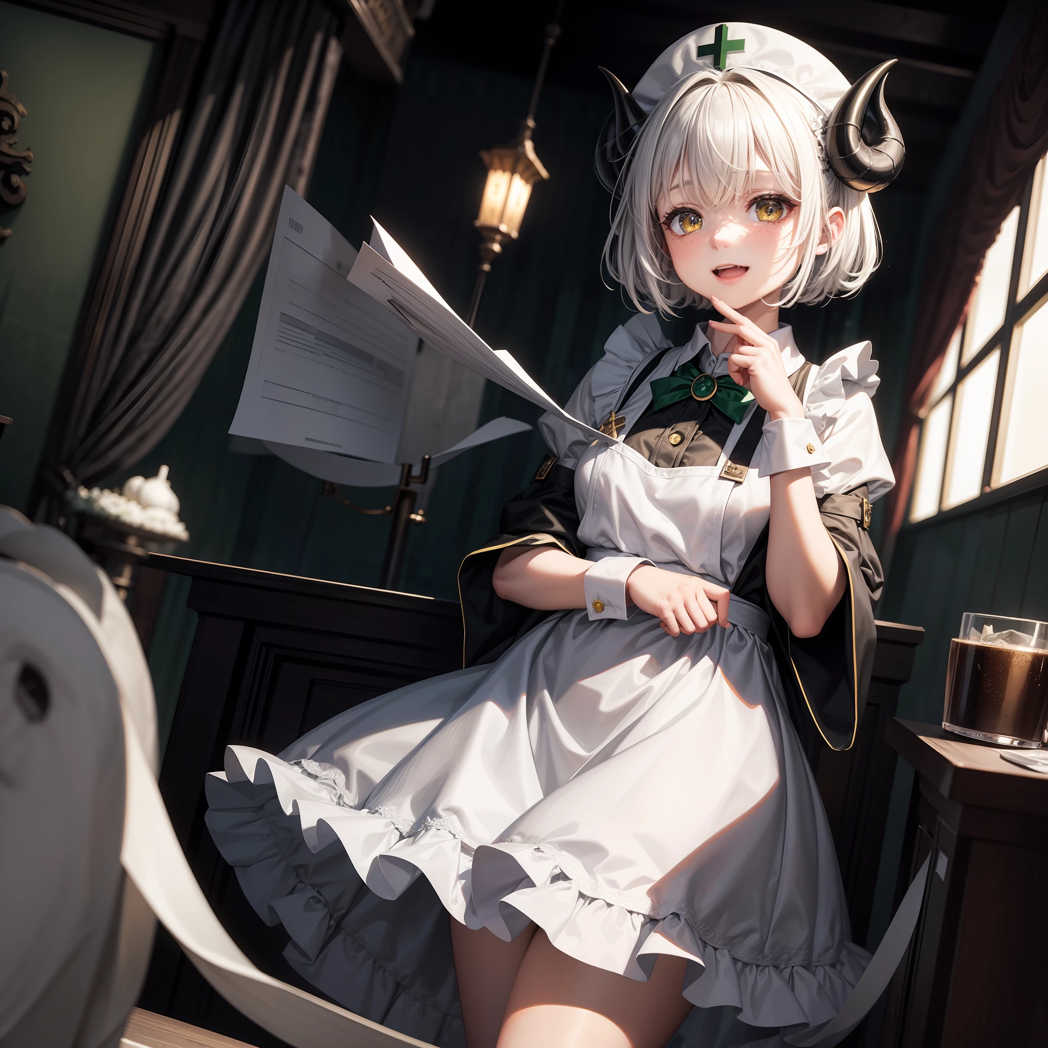 masterpiece, best quality, ultra-detailed, beautiful, HD, 1girl, solo, looking at viewer, center, young, ((black sheep horns)), white hair, short, ((loli)), short hair, yellow eyes, freckled, (long black maid uniform), white apron, (white nurse's cap whit a green cross)), (green cross on chest), standing, infirmary background, happy expression