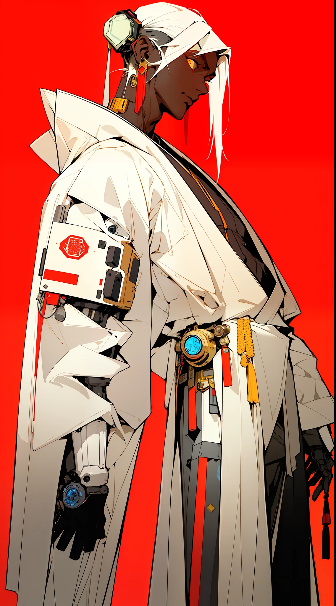 (Masterpiece, Top Quality, Best Quality), ((Cyberpunk Style, Robotic Arm, Hololo, Surreal Science Fiction Art, Future Science Fiction Aesthetics)), (1 Boy Solo), Close Up, (Determined Eyes), (Ancient Chinese Clothes, White Robe, Embroidered Collar Uesugi, White Big Sleeve Shirt, Streamers), (Hairpin, Long Black Hair, Weapons), (Hanfu), (Clear Facial Features, Detailed Skin Texture, Handsome Face), White Background, Earrings, Yellow Skin, Standing, (((flat color))),