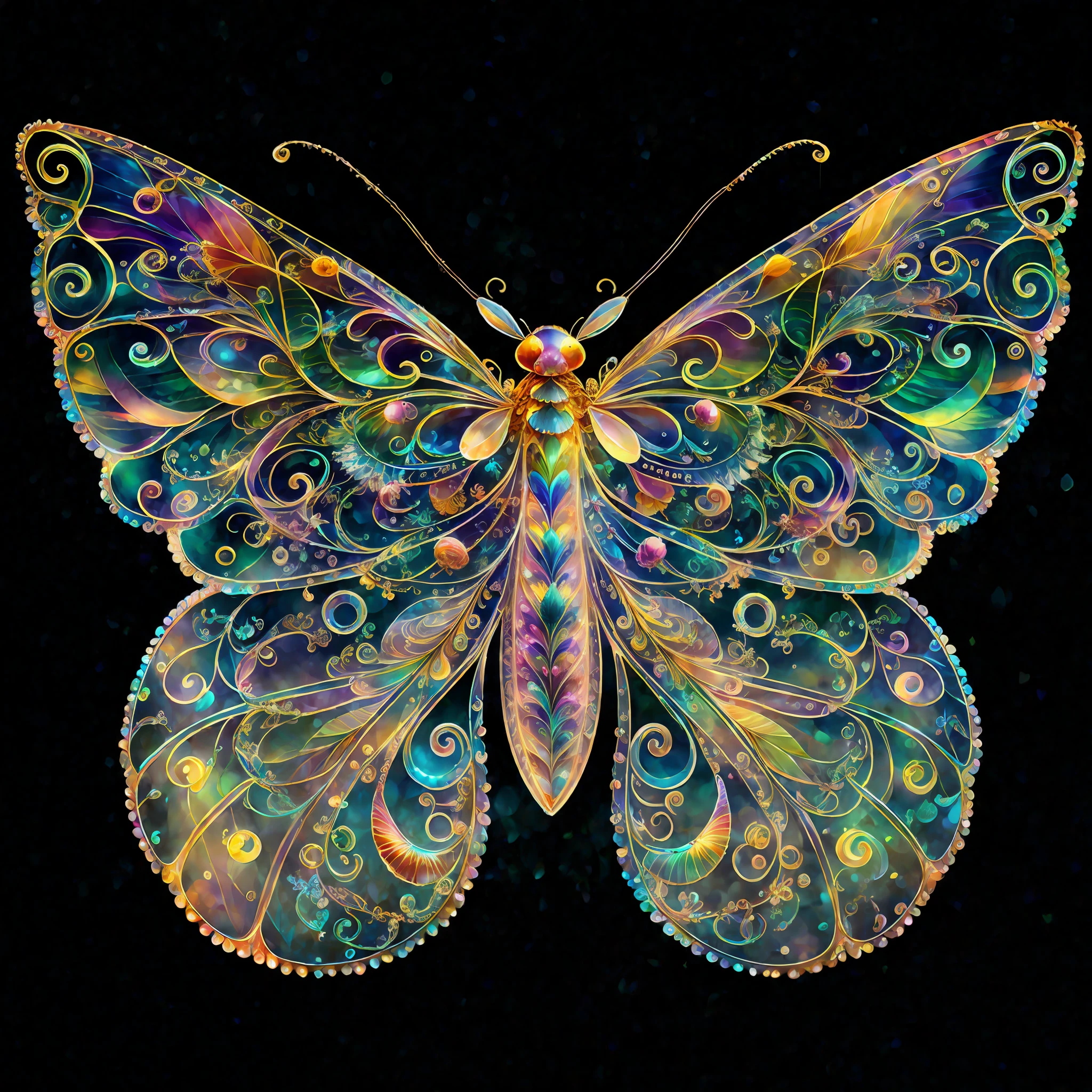 Rainbow color, flying insect, scale, wing, blue, textured, complex, gorgeous, shadow, pastel color, highly detailed, decorative style, Tim Burton, Dale Chihuli, Little Dragon Cheng, Cyril Rolando, author hour gigger, bright gold, rainbow