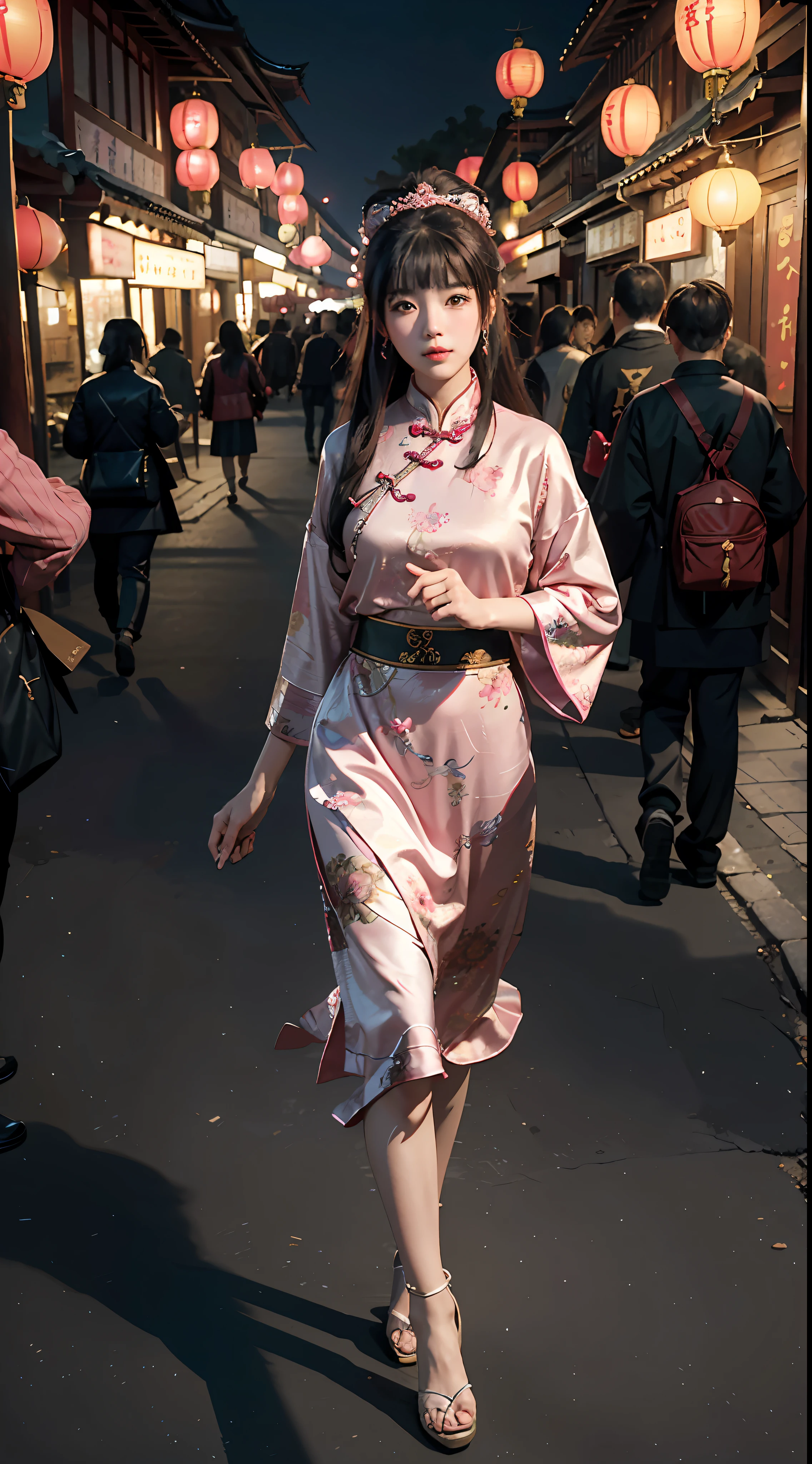 Best Quality, Masterpiece, Ultra High Resolution, (Realisticity: 1.4), Original Photo, 1Girl, Mature, Pink Top, Time Travel, Chinese Tang Dynasty, Lantern, High Tang Dynasty, Chinese Ancient Architecture, Ancient Town, Chang'an City, Bustling Street, Night View, Movie Lighting