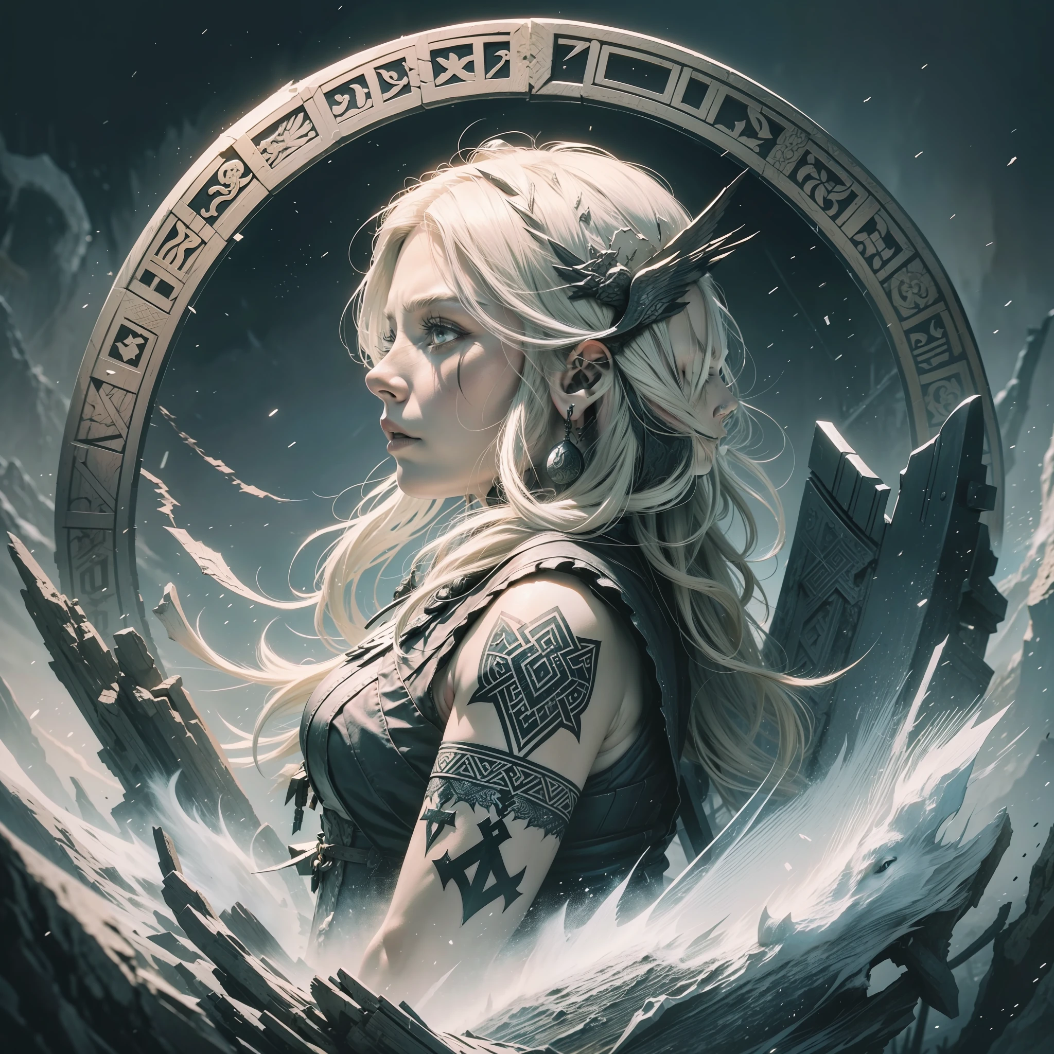 an old viking woman,charcoal tattoo on eyes,lots of black makeup,expression of anger,holding shield with viking runes,big black nails,blonde,braided and messy flowing hair,bruised and scratched body,snow,mountain,fire,wolf,side view,profile view,velka,assassins creed valhalla,ragnarok,vikings,black body behind,nordic,valhalla,nordic runes, hand drawn,illustration,art nouveau,tarot cards