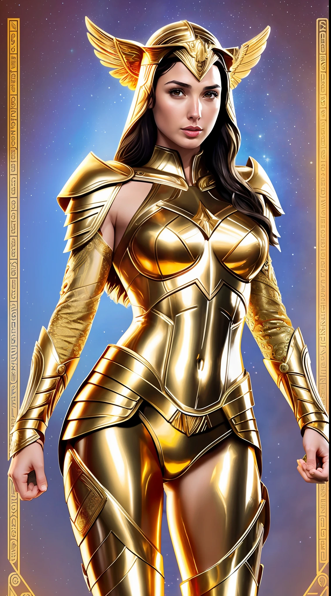 Gal gadot, (perfect anatomy), (perfect face and eyes) (undeformed eyes) golden goddess Athena, armor covers the whole body, full armor great details, art, whole body, with gold cowboy lace at the waist, artwork, full body, with golden boots, muscular body.