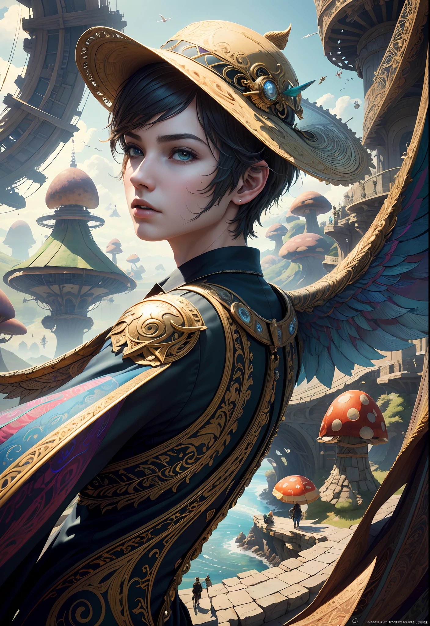 (((Multiplayer, Man and Woman))), Best Quality, Realistic, Realistic, Award-Winning Illustrations, (Intricate Details: 1.2), (Fine Details), (Intricate Details), (Cinematic Light, Best Quality Backlight), Clear Lines, Sharp Focus, Official Art, Unity 8k Wallpaper, Ridiculous, Incredibly Ridiculous, Fantasy Art, RTX, ((Award-winning Triangle Studio Close-up Photo)), 1 Boy, (Shut Up), Best Quality, 4K, beautiful mysterious creatures, male, flying, surrealism, masterpiece of NCWINTERS, in mysterious country town, masterpiece, intricate details, ff14style, urban painting, bridge, river, giant mushroom, landscape, bright colors,
