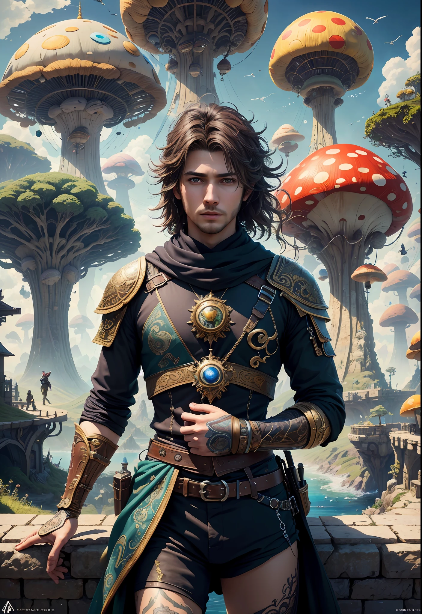 (((Multiplayer, Man and Woman))), Best Quality, Realistic, Realistic, Award-Winning Illustrations, (Intricate Details: 1.2), (Fine Details), (Intricate Details), (Cinematic Light, Best Quality Backlight), Clear Lines, Sharp Focus, Official Art, Unity 8k Wallpaper, Ridiculous, Incredibly Ridiculous, Fantasy Art, RTX, ((Award-winning Triangle Studio Close-up Photo)), 1 Boy, (Shut Up), Best Quality, 4K, beautiful mysterious creatures, male, flying, surrealism, masterpiece of NCWINTERS, in mysterious country town, masterpiece, intricate details, ff14style, urban painting, bridge, river, giant mushroom, landscape, bright colors,