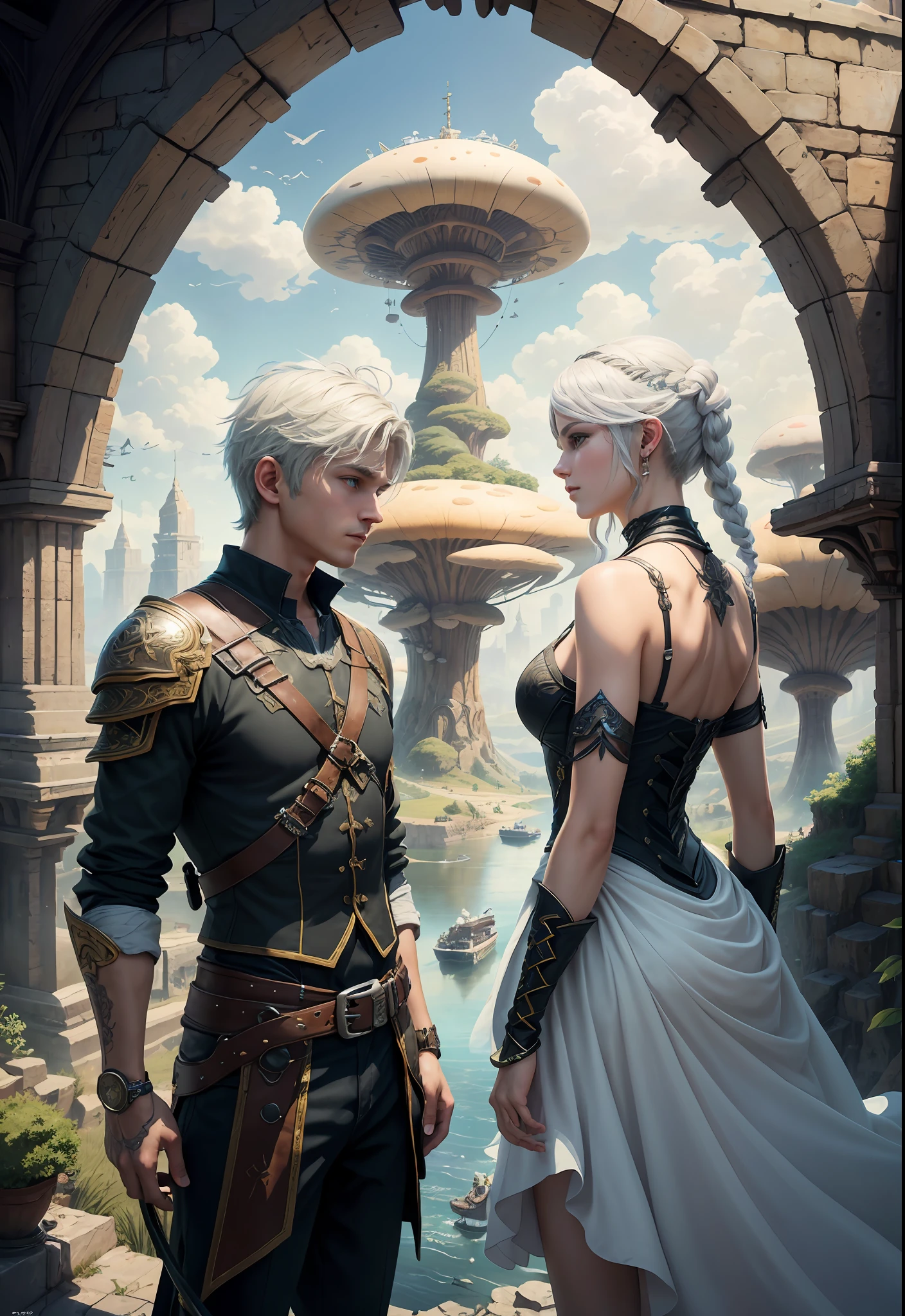 (((Multiplayer, Man and Woman))), Best Quality, Realistic, Realistic, Award-Winning Illustrations, (Intricate Details: 1.2), (Fine Details), (Intricate Details), (Cinematic Light, Best Quality Backlight), Clear Lines, Sharp Focus, Official Art, Unity 8k Wallpaper, Ridiculous, Incredibly Ridiculous, Fantasy Art, RTX, ((Award-winning Triangle Studio Close-up Photo)), 1 Boy, (Shut Up), Best Quality, 4K, Beautiful mysterious creatures, white-haired male, flying, surrealism, masterpiece of NCWINTERS, in mysterious country town, masterpiece, intricate details, ff14style, urban painting, bridge, river, giant mushroom, landscape, bright colors,