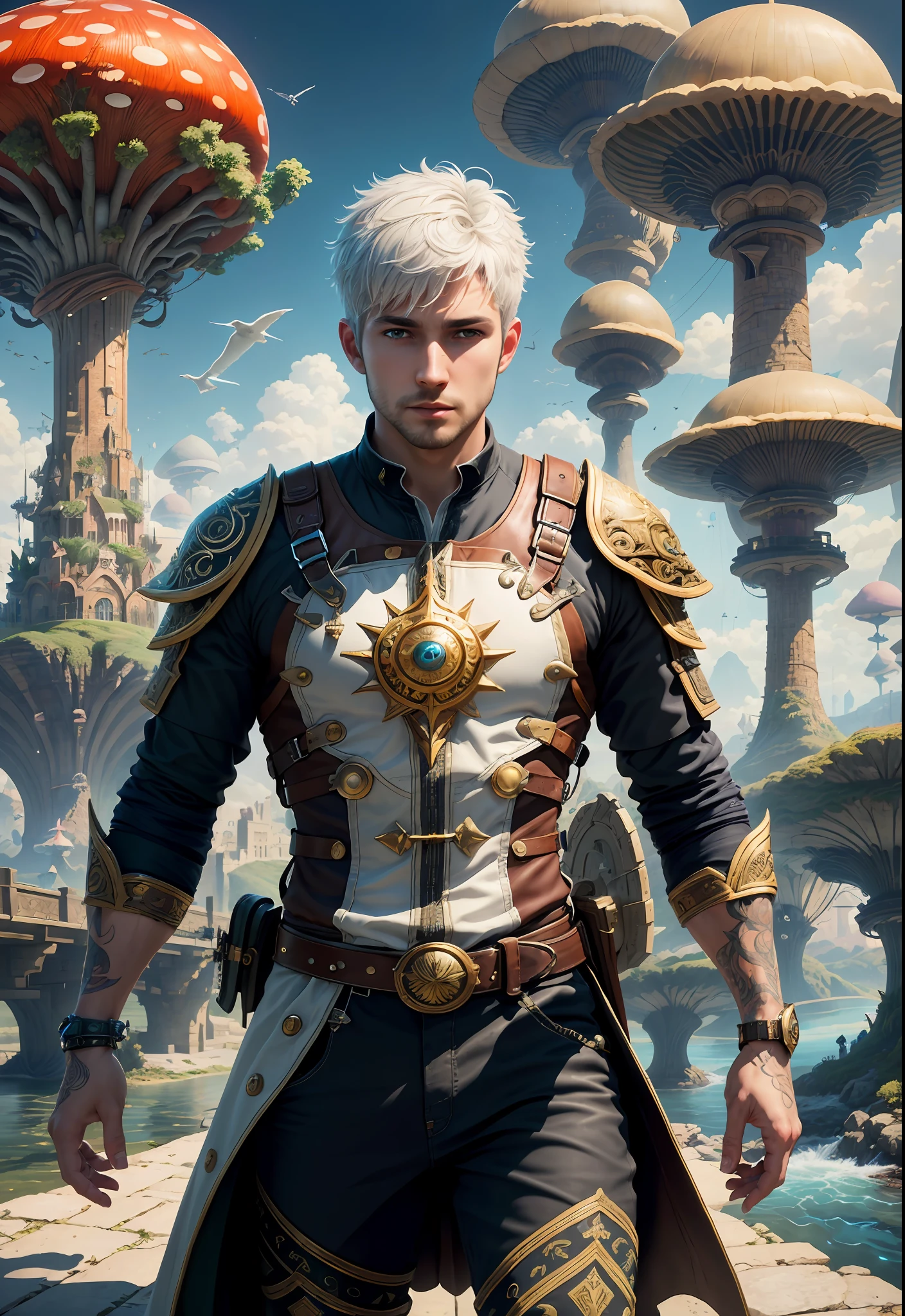 (((Multiplayer, Man and Woman))), Best Quality, Realistic, Realistic, Award-Winning Illustrations, (Intricate Details: 1.2), (Fine Details), (Intricate Details), (Cinematic Light, Best Quality Backlight), Clear Lines, Sharp Focus, Official Art, Unity 8k Wallpaper, Ridiculous, Incredibly Ridiculous, Fantasy Art, RTX, ((Award-winning Triangle Studio Close-up Photo)), 1 Boy, (Shut Up), Best Quality, 4K, Beautiful mysterious creatures, white-haired male, flying, surrealism, masterpiece of NCWINTERS, in mysterious country town, masterpiece, intricate details, ff14style, urban painting, bridge, river, giant mushroom, landscape, bright colors,