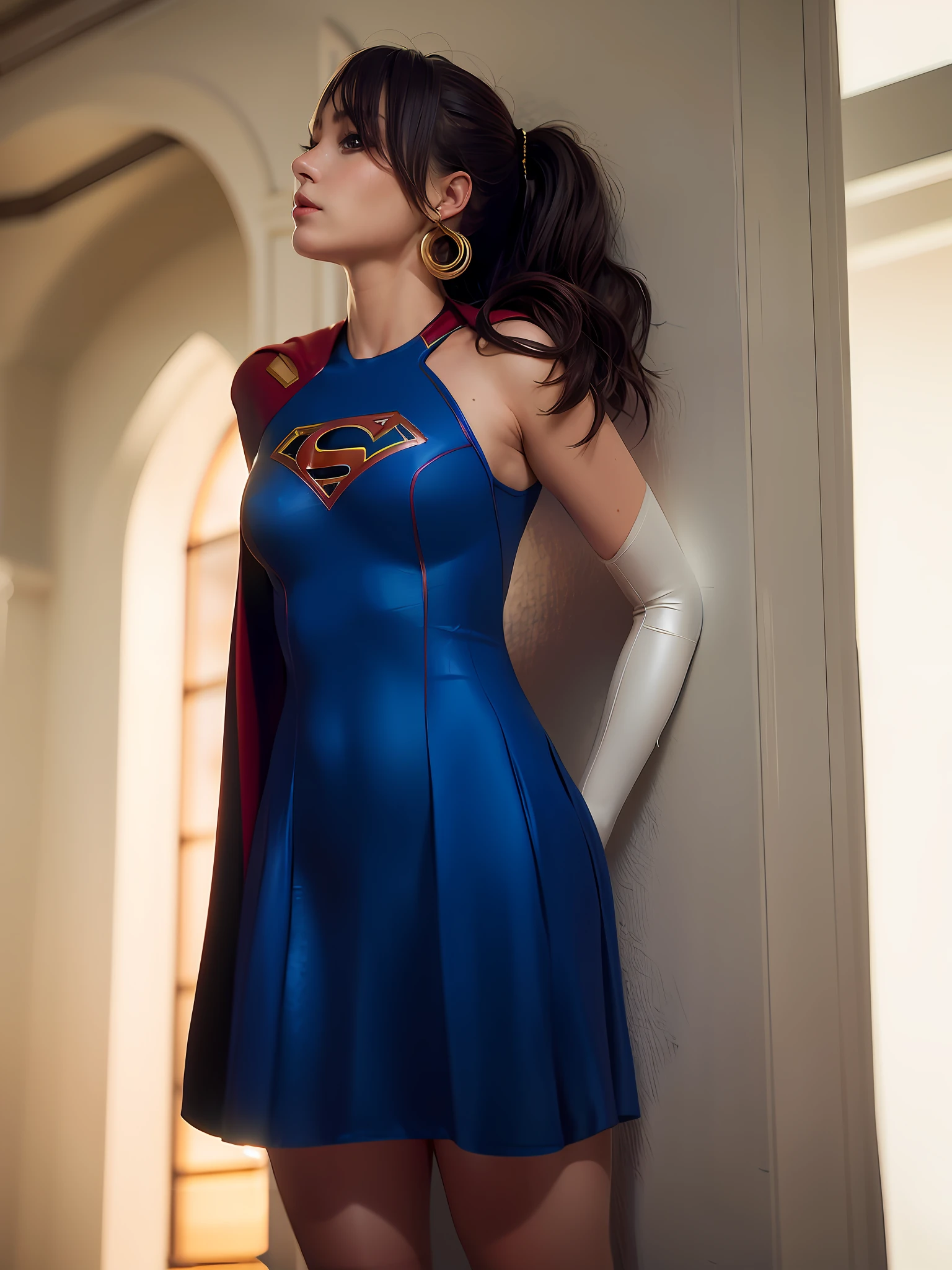 Best quality, masterpiece, absurdists)), 1girl(supergirl),20 years, defined body, expressive and blue eyes, huge breasts, blue fluid single front dress