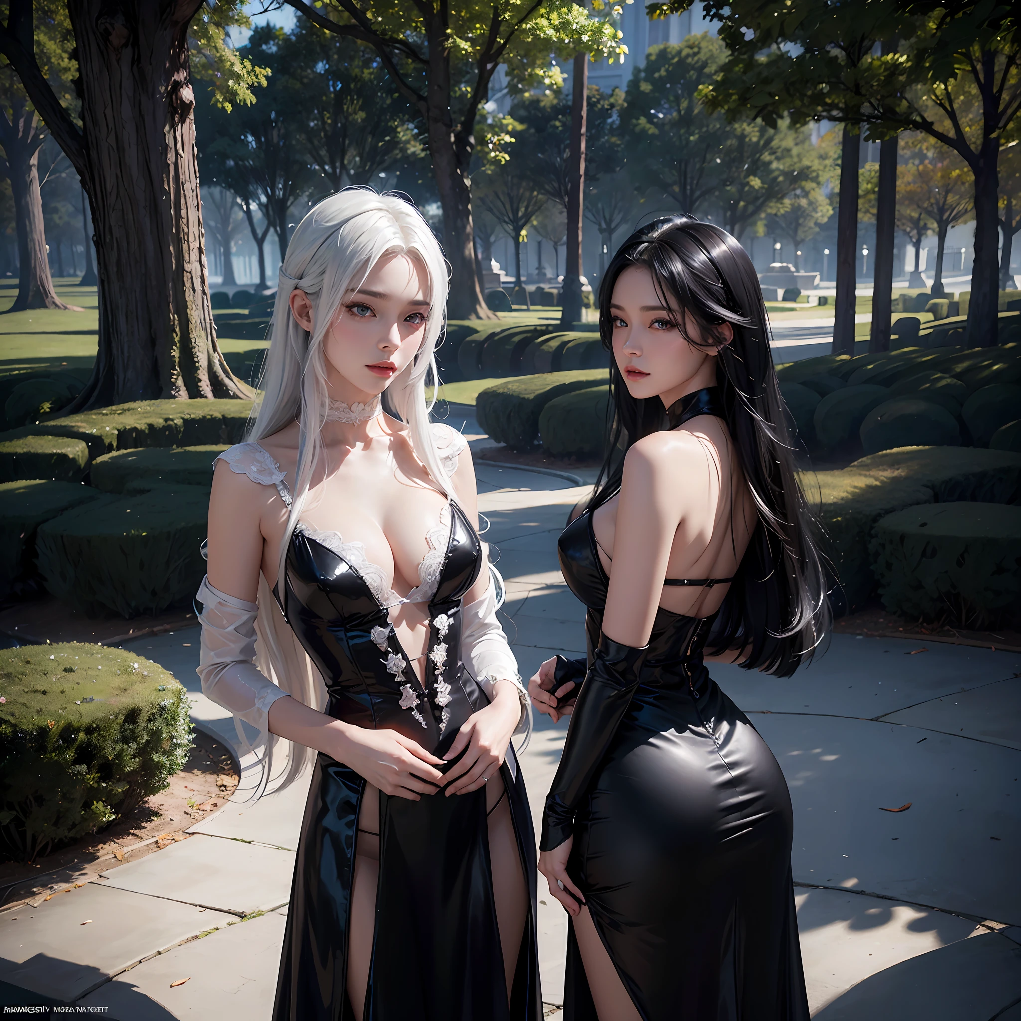 surrealist female portrait, fantasy art, photorealism, dynamic lighting, artstation, poster, volumetric lighting, very detailed faces, 8 k, lingerie, formal wear, 1girl, in the park, , long hair, white hair, black silk, buttocks, ass,