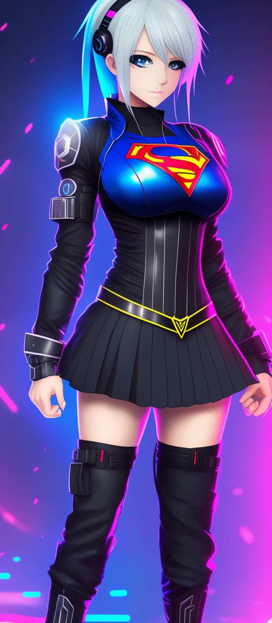 sfw (Ultra Quality, Unparalleled Masterpiece, Ethereal: 1.4) (Gigantic breasts: 1.6) (tight breasts: 1.3) (bimbo 1.5) (Disproportionate tits: 1.5) there is a supergirl with huge breasts in a corset and a black and white outfit, wearing techwear and armor, cyberpunk outfit, wearing american techwear, intriguing outfit, all black cyberpunk clothes, cyberpunk style outfit, female cyberpunk anime girl,   cyberpunk streetwear, cyberpunk dress, anime girl cosplay, photograph of a techwear woman, beautiful girl, cyberpunk, wearing cyberpunk streetwear, maid outfit, blonde, blue eyes, superman symbol S on chest --auto --s2