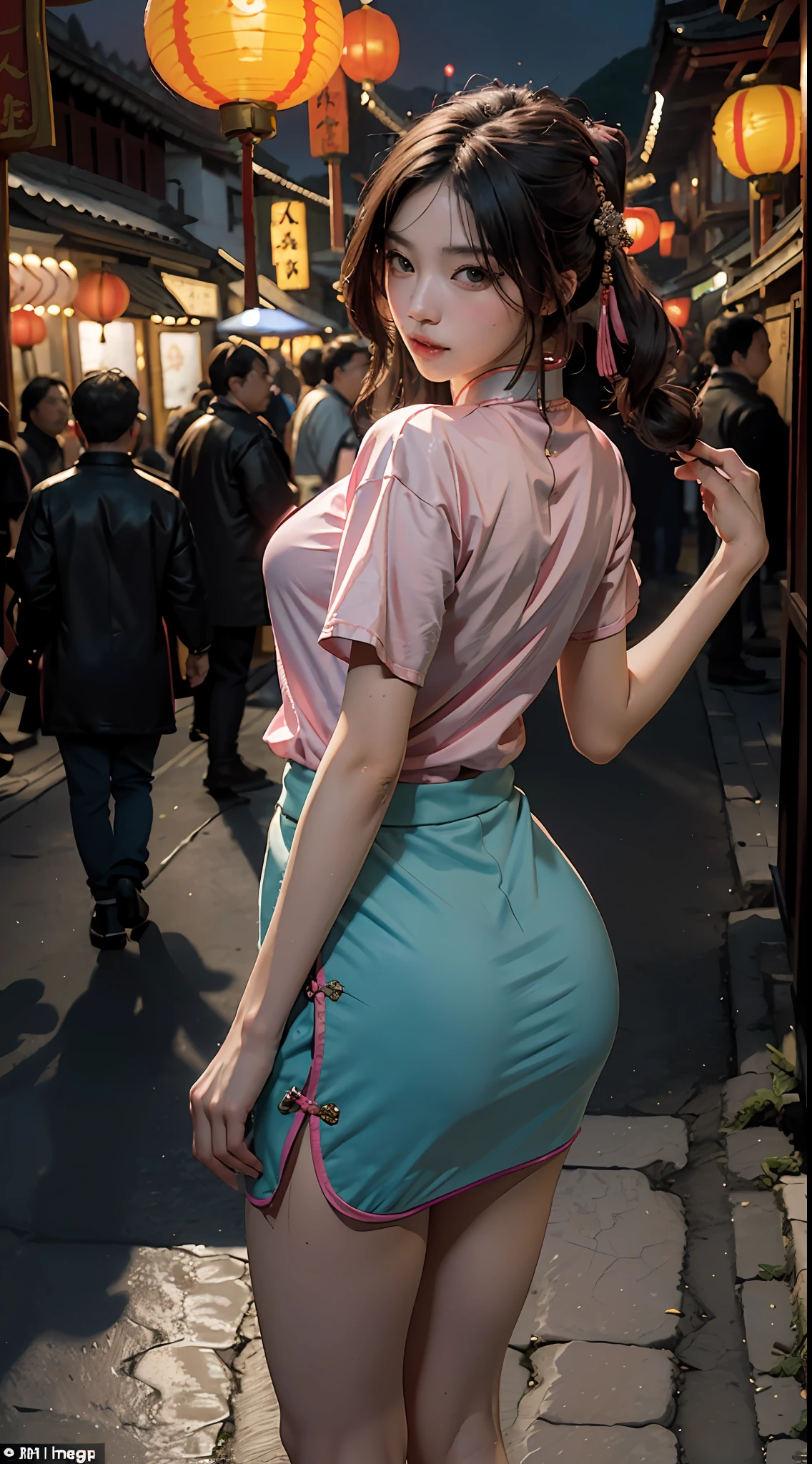 Best Quality, Masterpiece, Super High Resolution, (Realisticity: 1.4), Original Photo, 1Girl, Mature, Pink Top, Buttocks, Butt, Time Travel, Chinese Tang Dynasty, Lantern, High Tang Dynasty, Chinese Ancient Architecture, Ancient Town, Chang'an City, Bustling Street, Night View, Movie Lighting