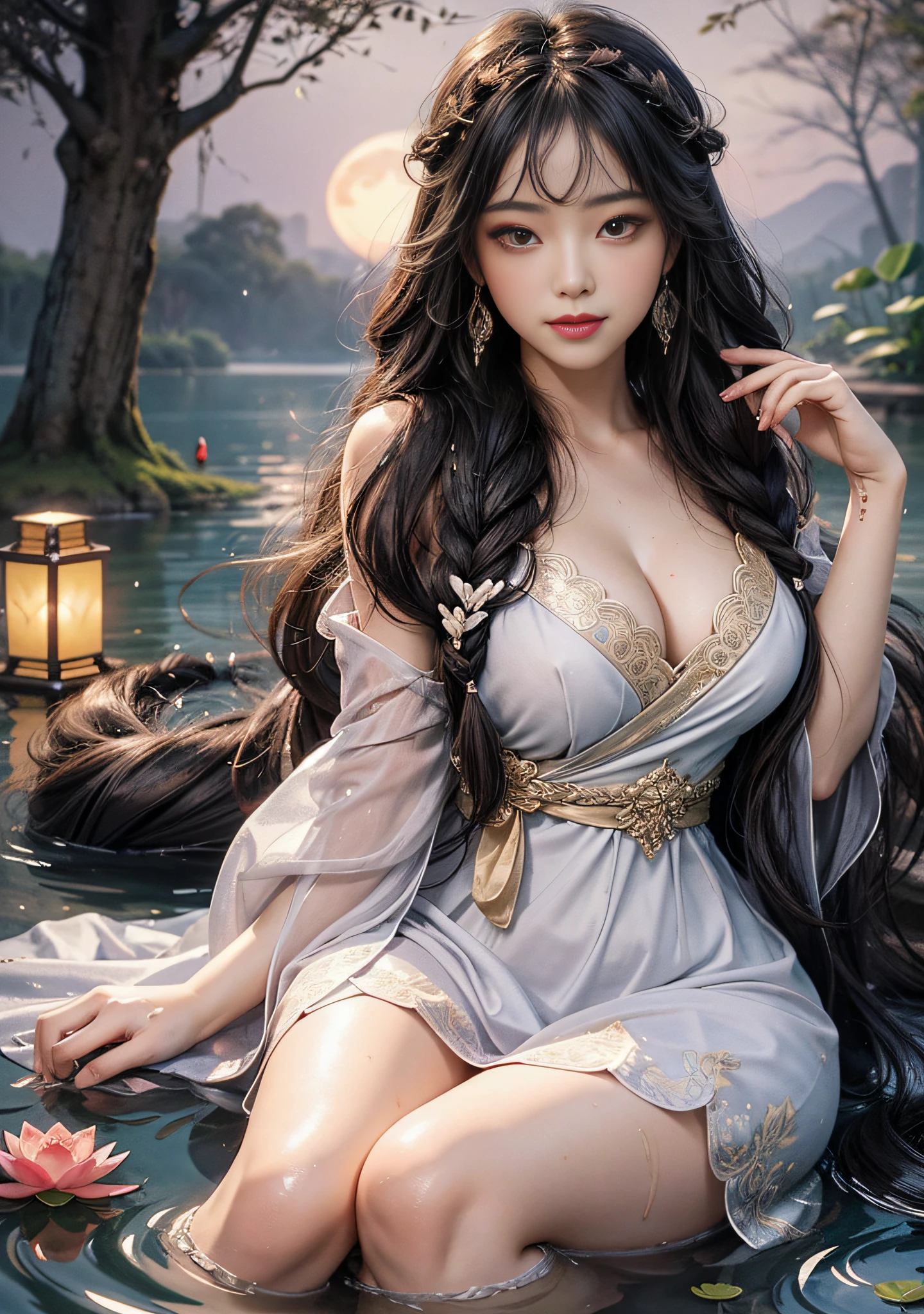 Sitting next to a tall lotus tree, two rows of red lanterns on the lake, feet playing in the water, art depicts a charming woman, smiling, 2 hands, 2 legs, delicate face, 2 braids, normal face, dressed in a flowing, silky traditional oriental dress, light purple, decorated with intricate patterns and bright colors. Her dress drapes elegantly over her curvy figure, accentuating her seductive silhouette. She sits gracefully by the tranquil lotus lake, her feet playing in the water, bathed in the soft glow of the moonlight. The scene exudes an ethereal and dreamy atmosphere, with a touch of mystery and sexiness. The graphic style blends watercolor and digital illustration techniques to evoke a refined beauty and charm. The lights are filled with soft moonlight, casting soft highlights and shadows on her charming features. Bare thighs, big breasts, three-dimensional facial features, sitting, upturned legs, 1 side braid, wet