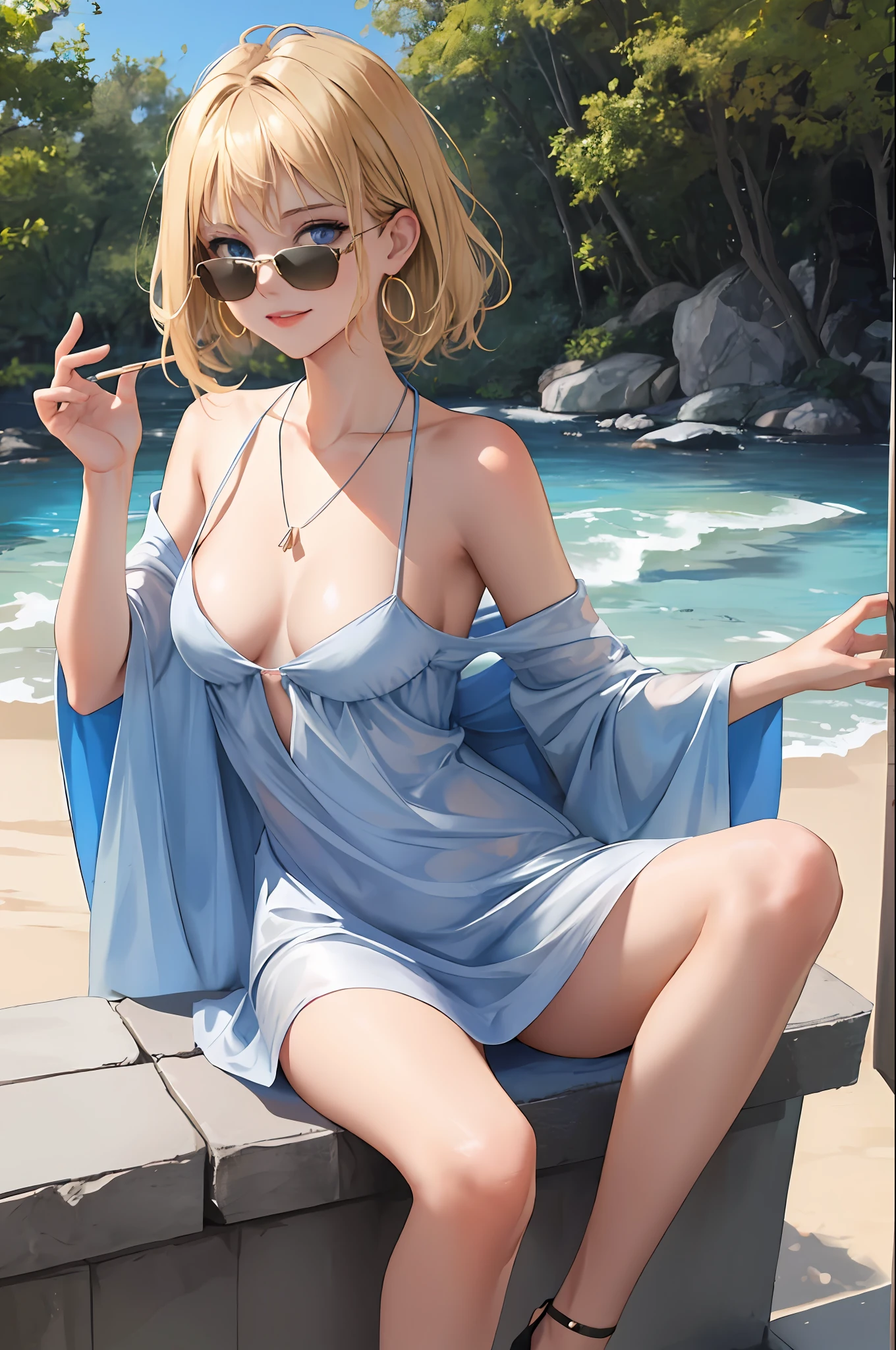(masterpiece:1.2, best quality), 1girl, smirk, slim, slender, blue eyes, sharp eyes, (small_breasts):1.3, leaning forward, facing viewer, dress, sunglasses, simple hoop earrings, shell necklace, areola slip, down blouse, embarrassed, (short wavy blonde hair):1.4, ^ ^, nature, yoga studios, serene spaces,