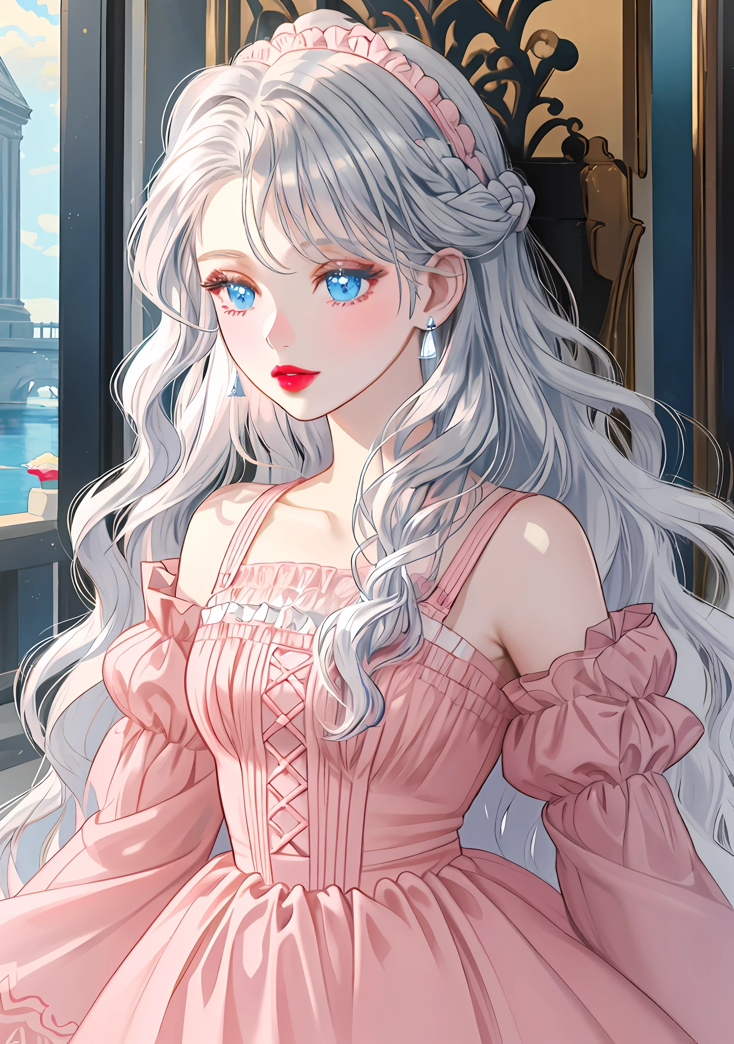 a close-up of a person holding an ice cream cone, sweet girl, woman with wavy silver hair, bangs, light blue eyes, red lips, tender pink dress, white blouse,