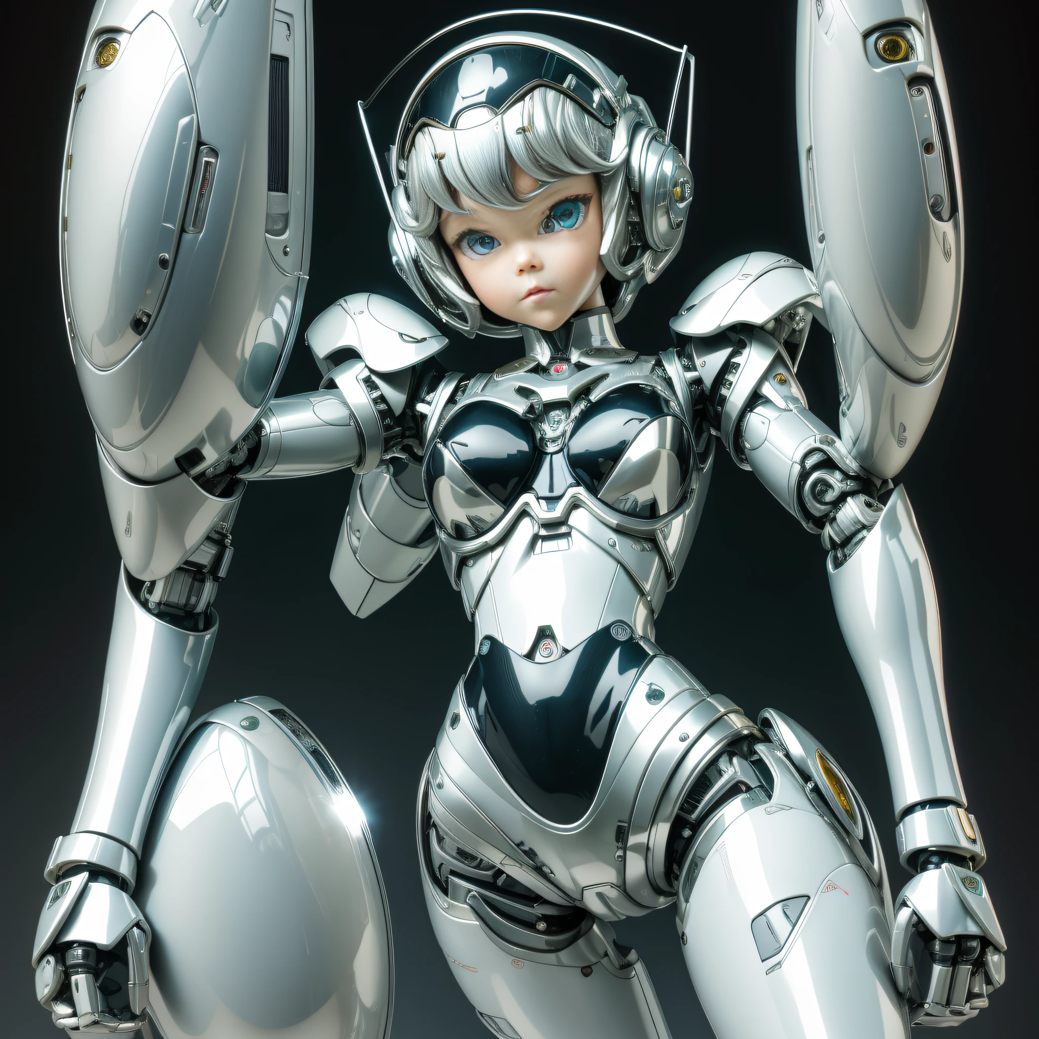 Very cute human 8 year old girl face, doll-like body with robot arms, robot waist and legs, very cute and feminine, short, petite, small, full hip, small bust, tight-fitting silver armor, cleavage, flat belly visible, helmet with antenna, robot joint, very stylish, black rubber bodysuit, masterpiece, highest quality, high-resolution, vaginal insertion --auto --s2