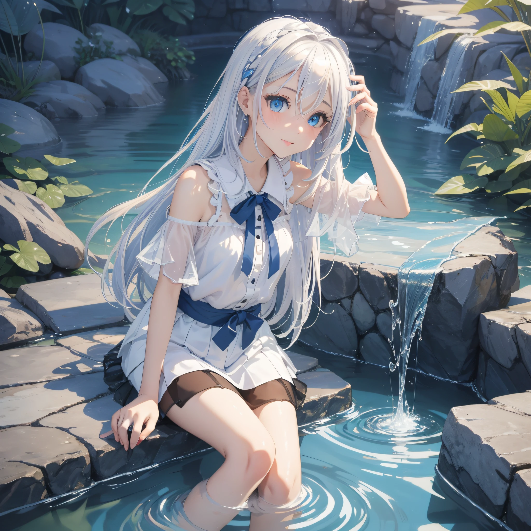 (HD illustration), the best picture quality, the best lighting effect, with blue eyes, stubasa (silver hair: 1.3+ white hair), lakeside clear pool, petite thin legs, white clean short skirt, splashing water, fresh face, pure and cute