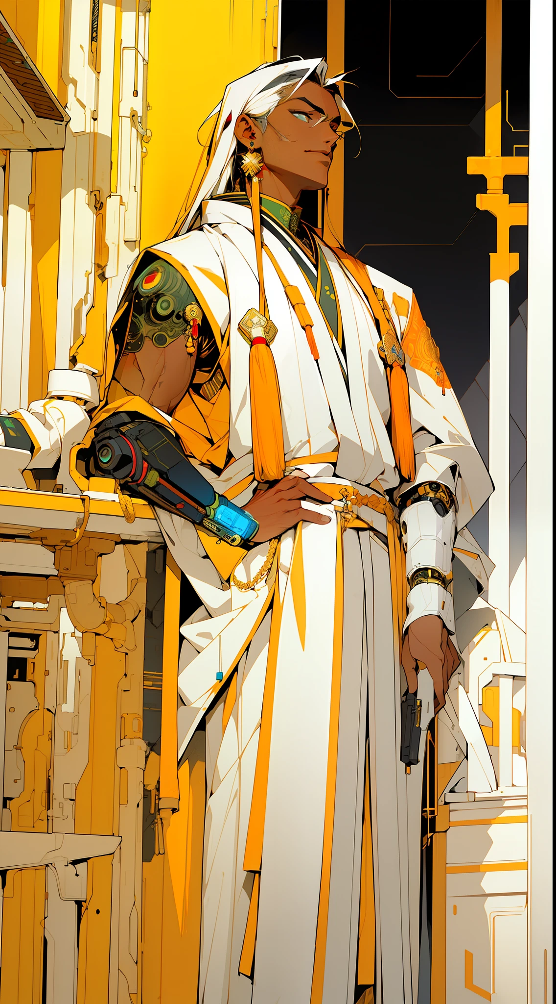 (Masterpiece, Top Quality, Best Quality), ((Cyberpunk Style, Robotic Arm, Hololo, Surreal Science Fiction Art, Future Science Fiction Aesthetics)), (1 Boy Solo), Close Up, (Determined Eyes), (Ancient Chinese Clothes, White Robe, Embroidered Collar Uesugi, White Big Sleeve Shirt, Streamers), (Hairpin, Long Black Hair, Weapons), (Hanfu), (Clear Facial Features, Detailed Skin Texture, Handsome Face), White Background, Earrings, Yellow Skin, Standing, (((flat color))),