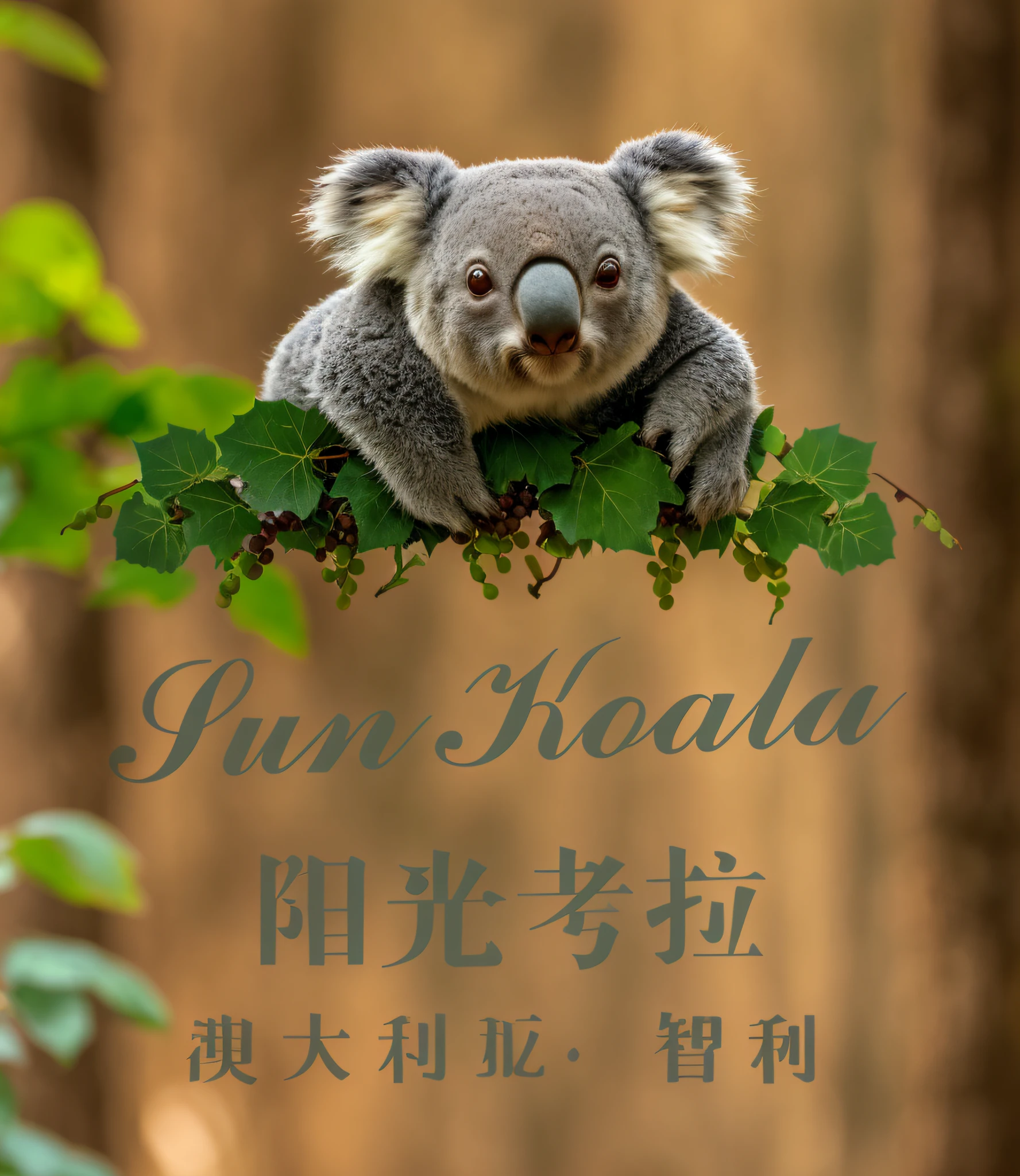 A koala lying on a vine crawling on a dark purple grape with brown background --auto --s2