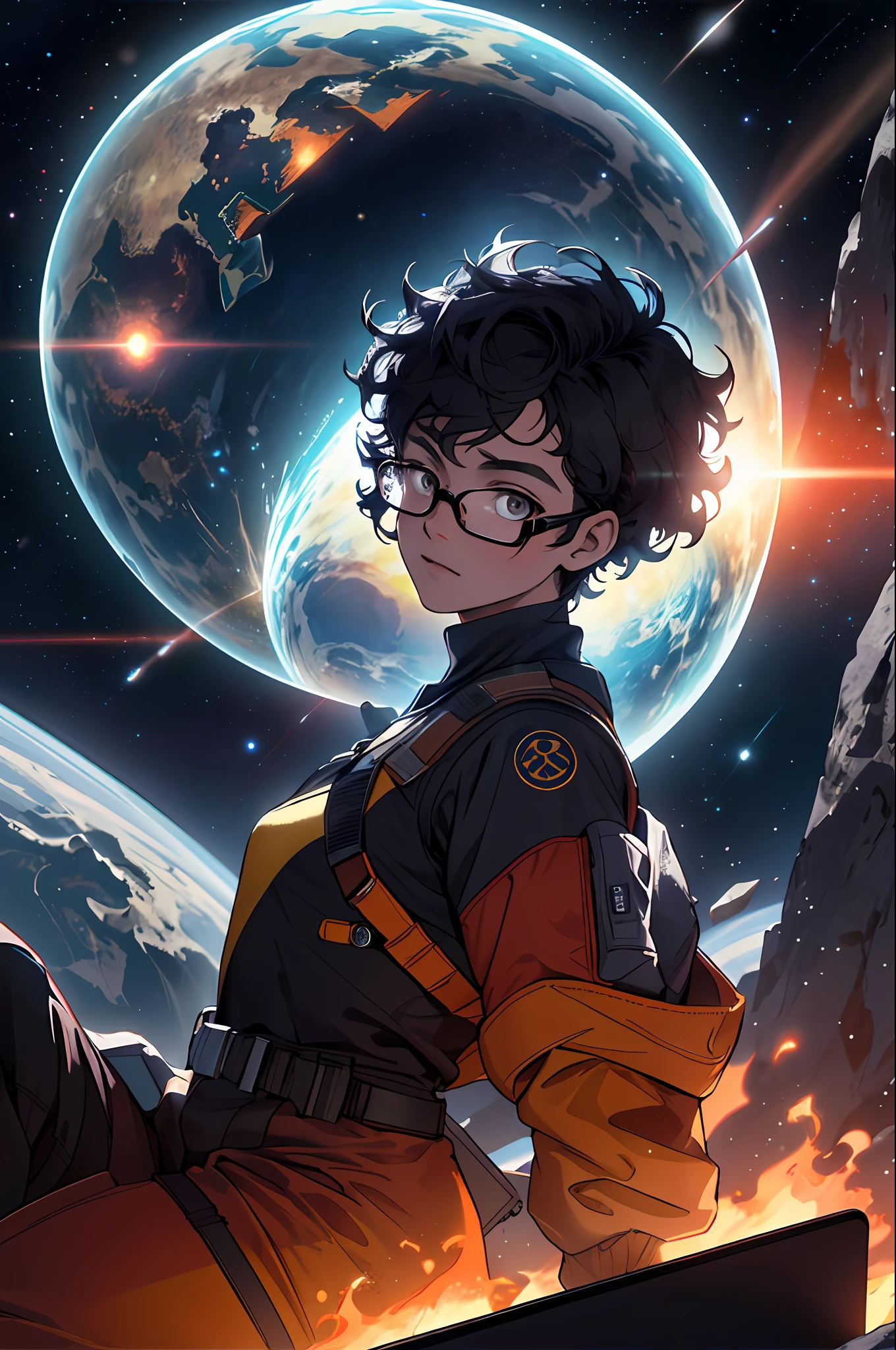 Draw a young programmer with curly and short hair, wearing glasses, The young woman sitting on a research platform floating in the middle of an asteroid belt. He is studying with a laptop, surrounded by several asteroids glowing with auras of fire. The dramatic illumination of distant stars and planets illuminates the scene, casting deep shadows on the costume. The young woman looks confident and determined, looking at the vast and mysterious universe with admiration and respect, cowboy shot,
