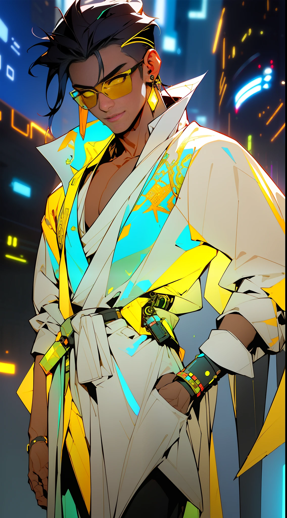 ((Cyberpunk style, robotic arm, holographic aura, surreal sci-fi art, futuristic sci-fi aesthetics)), 1 boy solo, close-up, (resolute eyes), (ancient Chinese clothes, white robe, embroidered collar Uesugi, white large-sleeved shirt, streamer), (hairpin, long black hair, weapons), (hanfu), (clear facial features, detailed skin texture, handsome face), white background, earrings, yellow skin, standing, (masterpiece, top quality, best quality), ((flat color))) ,