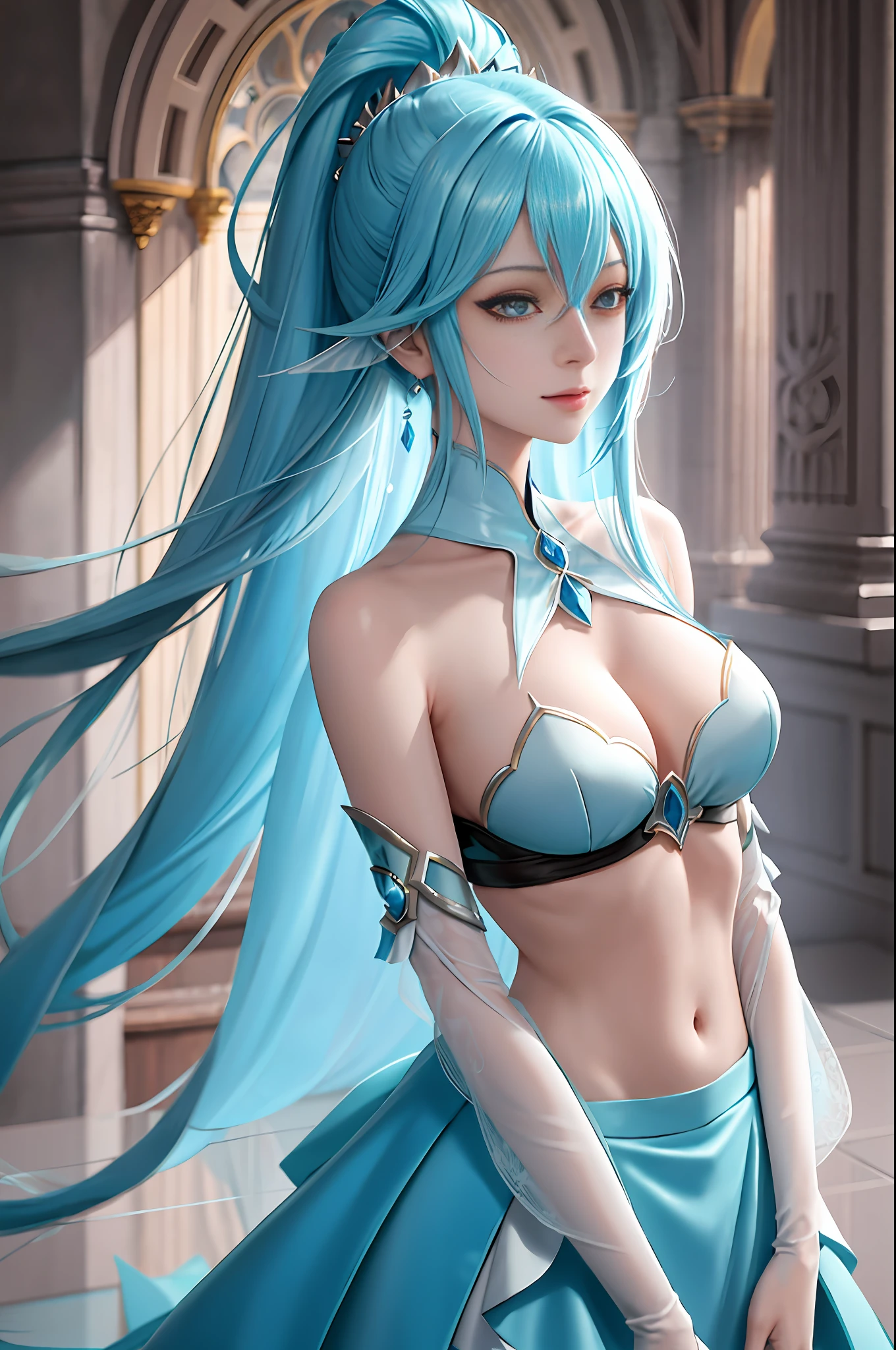 A Japanese girl named Aqua from Konosuba anime, masterpiece, best quality, high quality, high definition, blue hair and eyes,high quality texture, high quality shadow, high detail, beautiful detailed, finely detailed, cg extremely detailed, detailed texture, a realistic representation of the face, realistic, colorful, delicate, cinematic light, side lighting, Lens Flare, Ray tracing, sharp focus, (1girl, __focus__:1.3), (intricate details, makeup, PureErosFace_V1:0.5), (beautiful and delicate face detailed, beautiful and delicate eyes detailed, a face of perfect proportion, high skin details, detailed skin, best ratio four fingers and a thumb, arms under the chest, medium large breasts, wide hips, flat belly, thin and thin, __moda__, __cabelo__:1.3), __localização__,