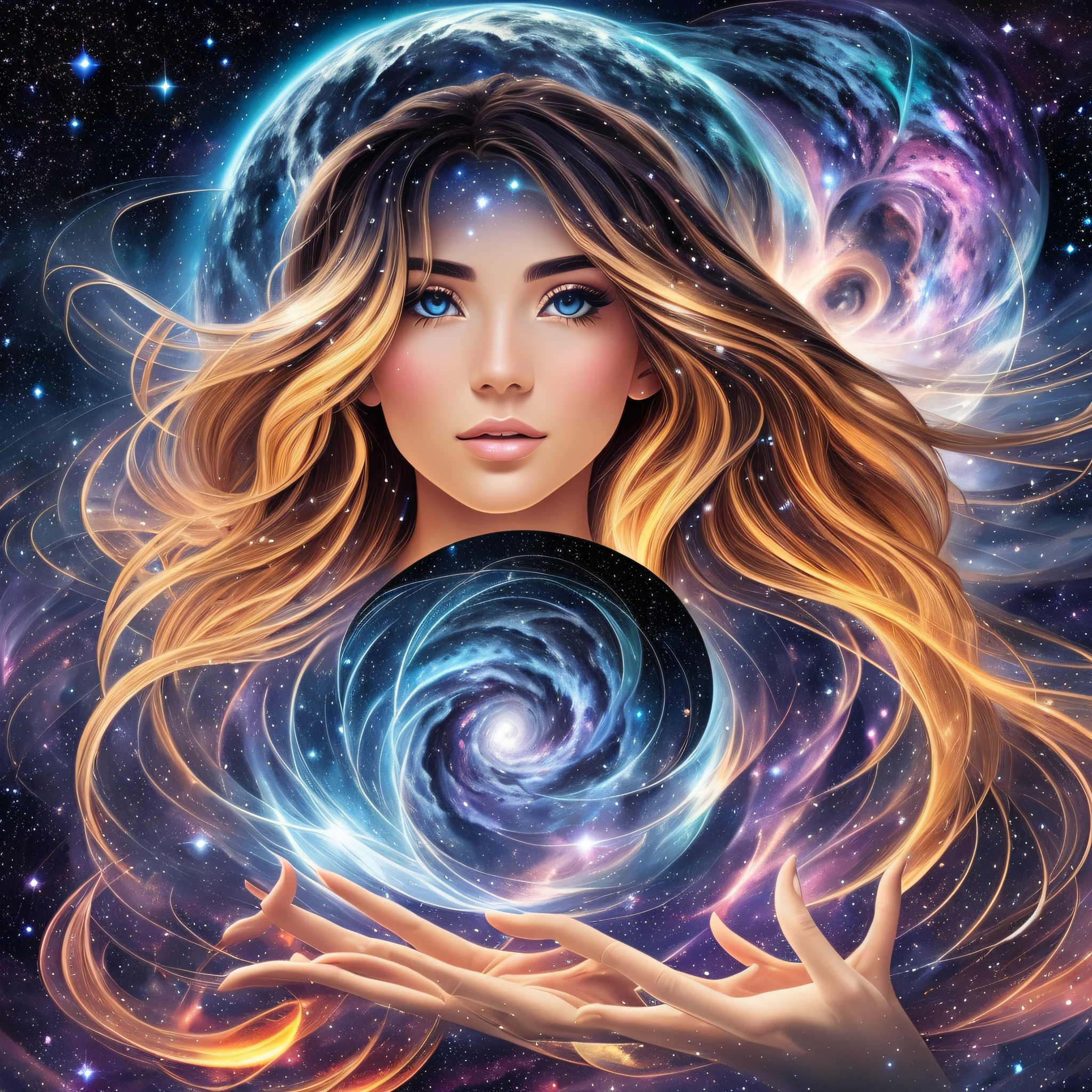 Please take an extremely detailed photo with a resolution of 16k. The background should depict an exotic outer space, giving the impression of a distorted time and space. In the midst of this, a beautiful blonde woman is posing towards the camera, pointing her index finger. Please use a high-resolution mirrorless camera with a macro lens to capture the fine details of her fingertips. Aim for a style that emphasizes the dramatic and exotic human kindness, as well as the grandeur of the universe. The lighting should create reflections from her fingertips and illuminate the surroundings with faint light from distant stars. The color scheme should be based on the warmth of human skin and the deep blue of the universe, along with the brilliance of the stars. The composition should place the woman and her fingertips in the center of the frame, surrounded by the outer space. --ar 1:1 --v 5.1 --style raw --q 2 --s 750 --auto --s2