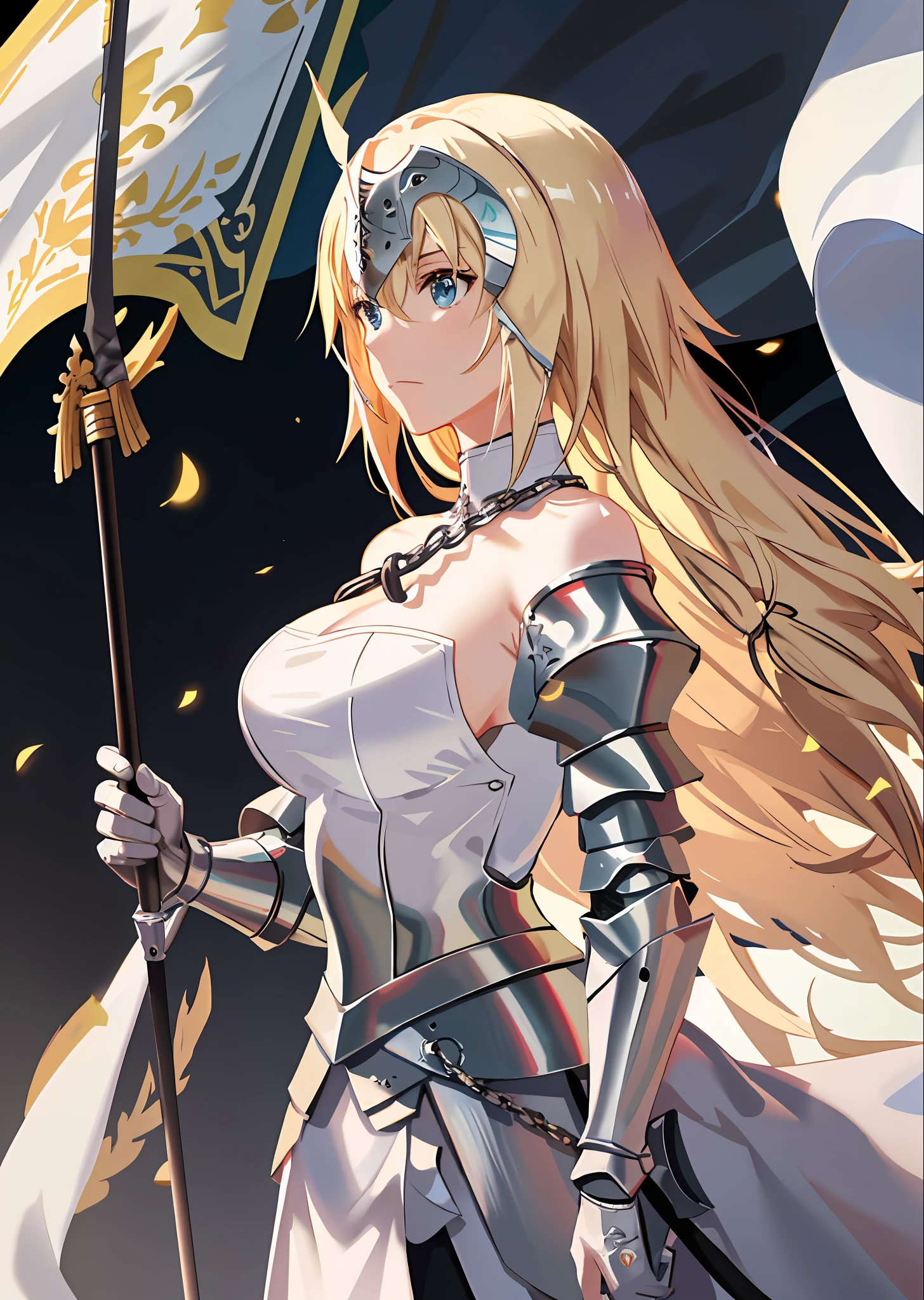 best quality, masterpiece,highly detailed,anime,1girl,mature female,upper body,(jeanne d'arc),large breasts,perfect face,blond hair,long hair,(bare shoulder),armored dress,(plackart),white clothes,breasts covered by white clothes,(headwear),chain,flag,battlefield in background,depth of field,looking at viewer,cinematic lighting,