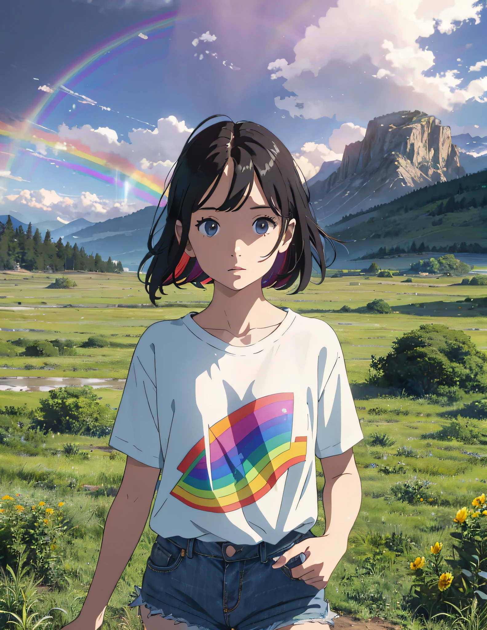 Vast sky and mountains, after rain, seven-colored rainbow, wide grasslands, very tense dramatic pictures, moving visual effects, colorful natural glare. Girl in white t-shirt and denim shorts --auto --s2