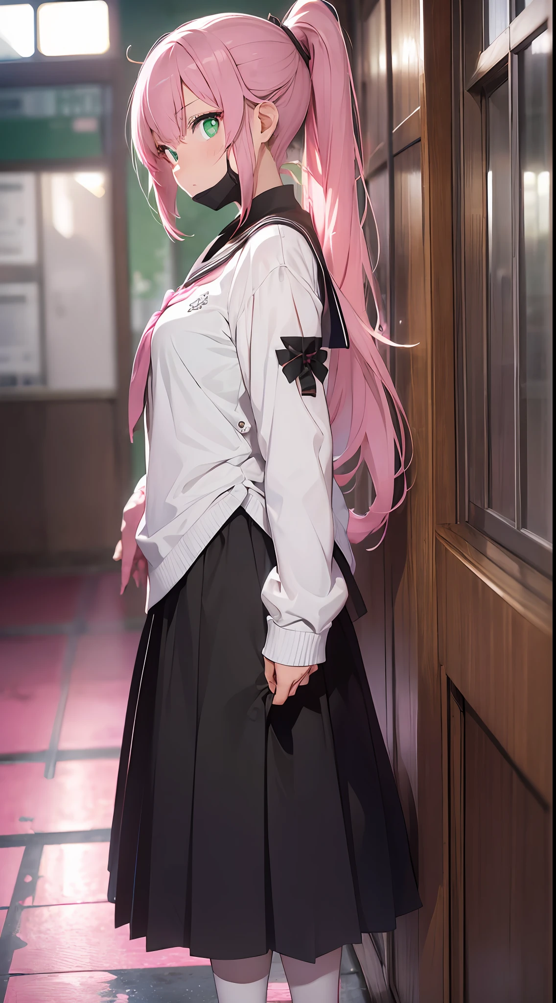 (Long skirt)) Arm crossed, Nio-ryu ((masterpiece))), (super detailed, top quality, high resolution, 8k wallpapers, beautiful clothes,)) full body, seen from the side (one girl) (pink hair, long hair, straight hair, ponytail)) ((green eyes)), eyeshadow, eyeliner, glowing eyes, ultra-detailed eyes, complex eyes, beautiful eyes, (glowing pink pupils)) 18 years old. Black sailor suit, (black fiber mask). (。 Get angry. Glare. school building