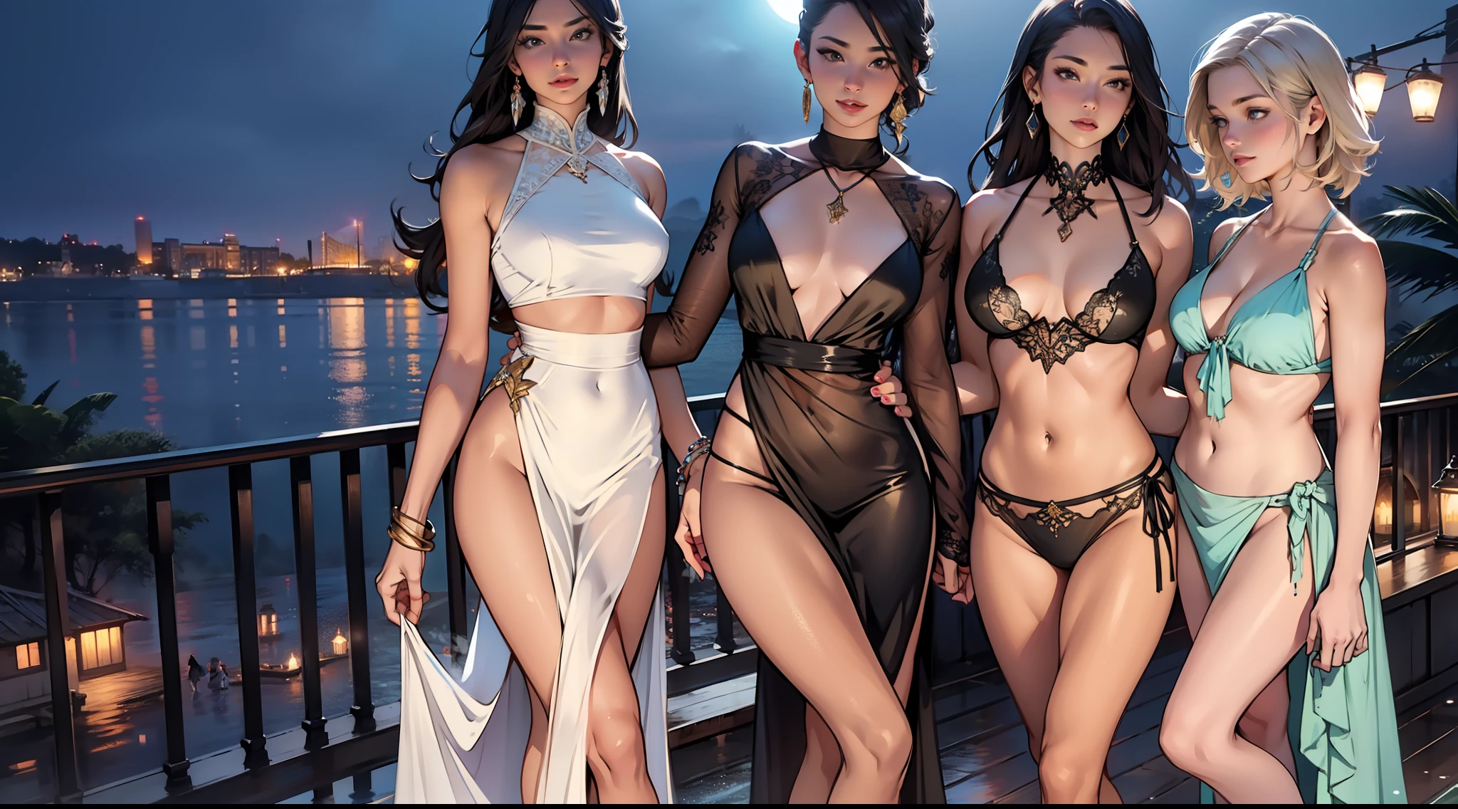A group of beautiful women, enchanting, dressed in a leaky dress, at night, bikinis, high-end restaurants