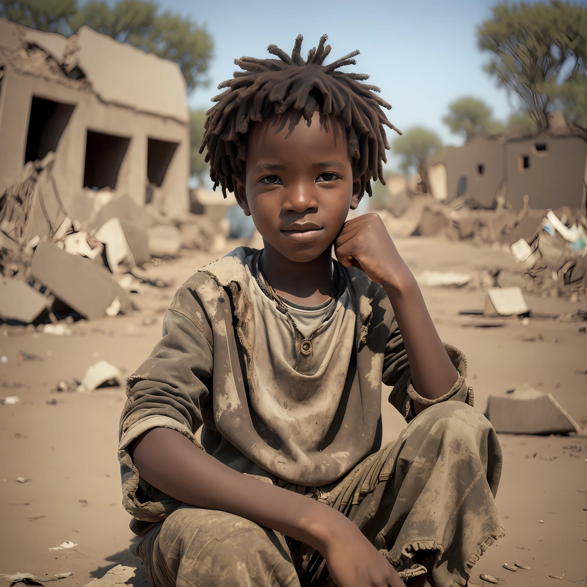 The African boy is sitting in an empty field, surrounded by rubble and debris from destroyed structures. He is wearing torn and dirty clothes, and carries a tired and sad expression on his face. In his right hand, he holds a rusty gun, while in his left hand, he holds a photo of his family that was killed during the war --auto --s2