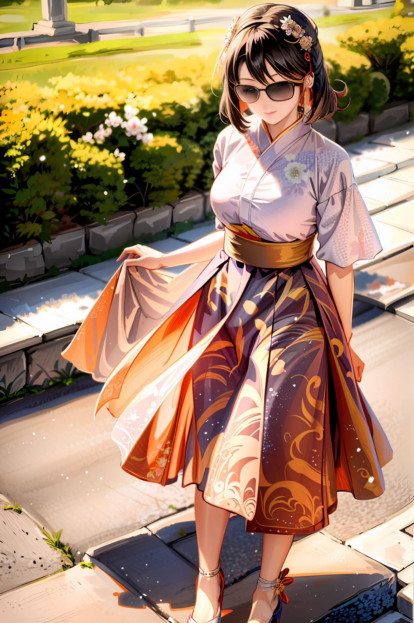 woman in a dress and sunglasses walking down a sidewalk, intricate hakama, hakama kimono, japaneese style, japanese clothes, flowing sakura-colored silk, kimono, kasumi arimura style 3/4, flowing sakura silk, classic kimono, wearing hakama, moth inspired dress, japanese kimono, japanese style, japanic style, fantasy style clothing
