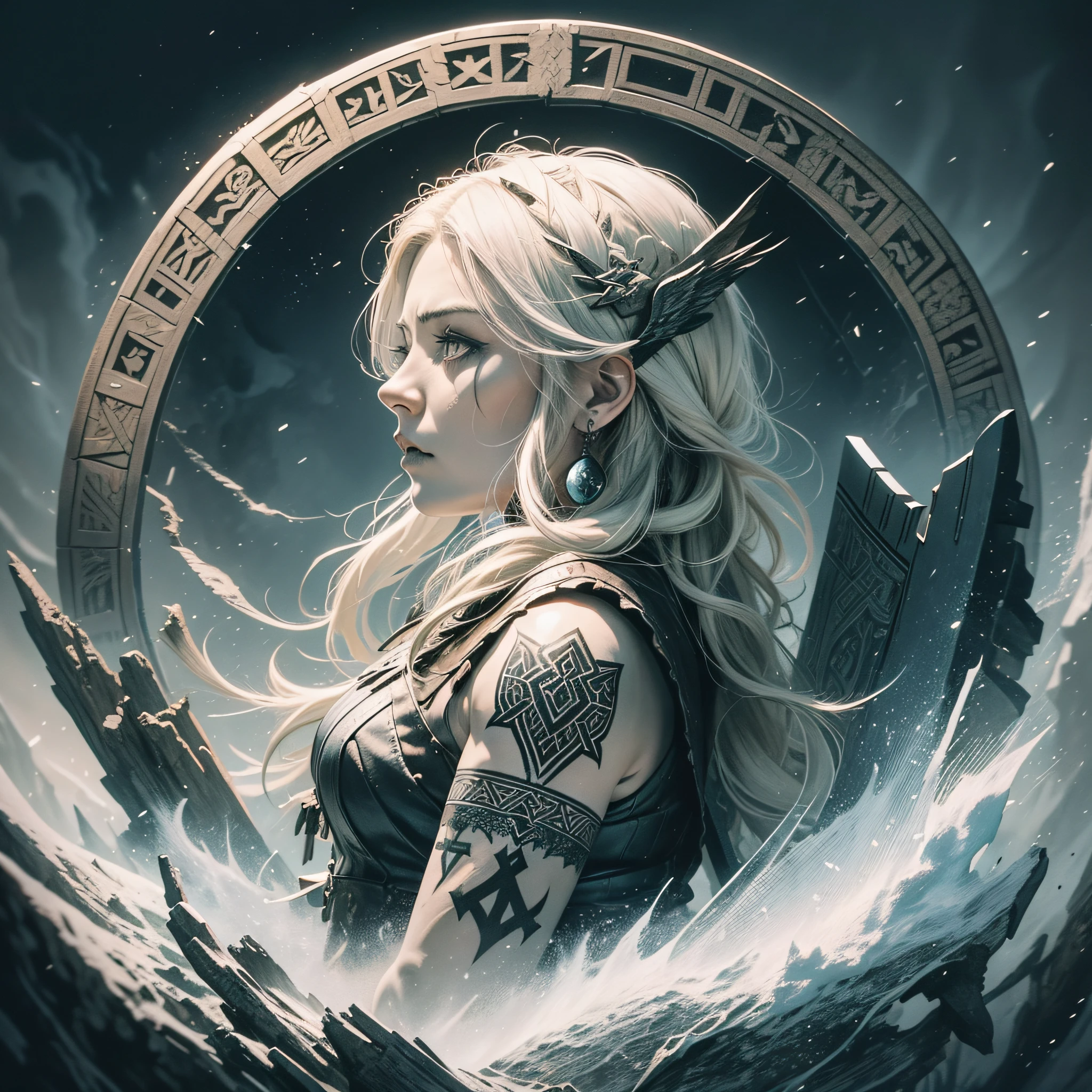 an old viking woman,charcoal tattoo on eyes,lots of black makeup,expression of anger,holding shield with viking runes,big black nails,blonde,braided and messy flowing hair,bruised and scratched body,snow,mountain,fire,wolf,side view,profile view,velka,assassins creed valhalla,ragnarok,vikings,black body behind,nordic,valhalla,nordic runes, hand drawn,illustration,art nouveau,tarot cards